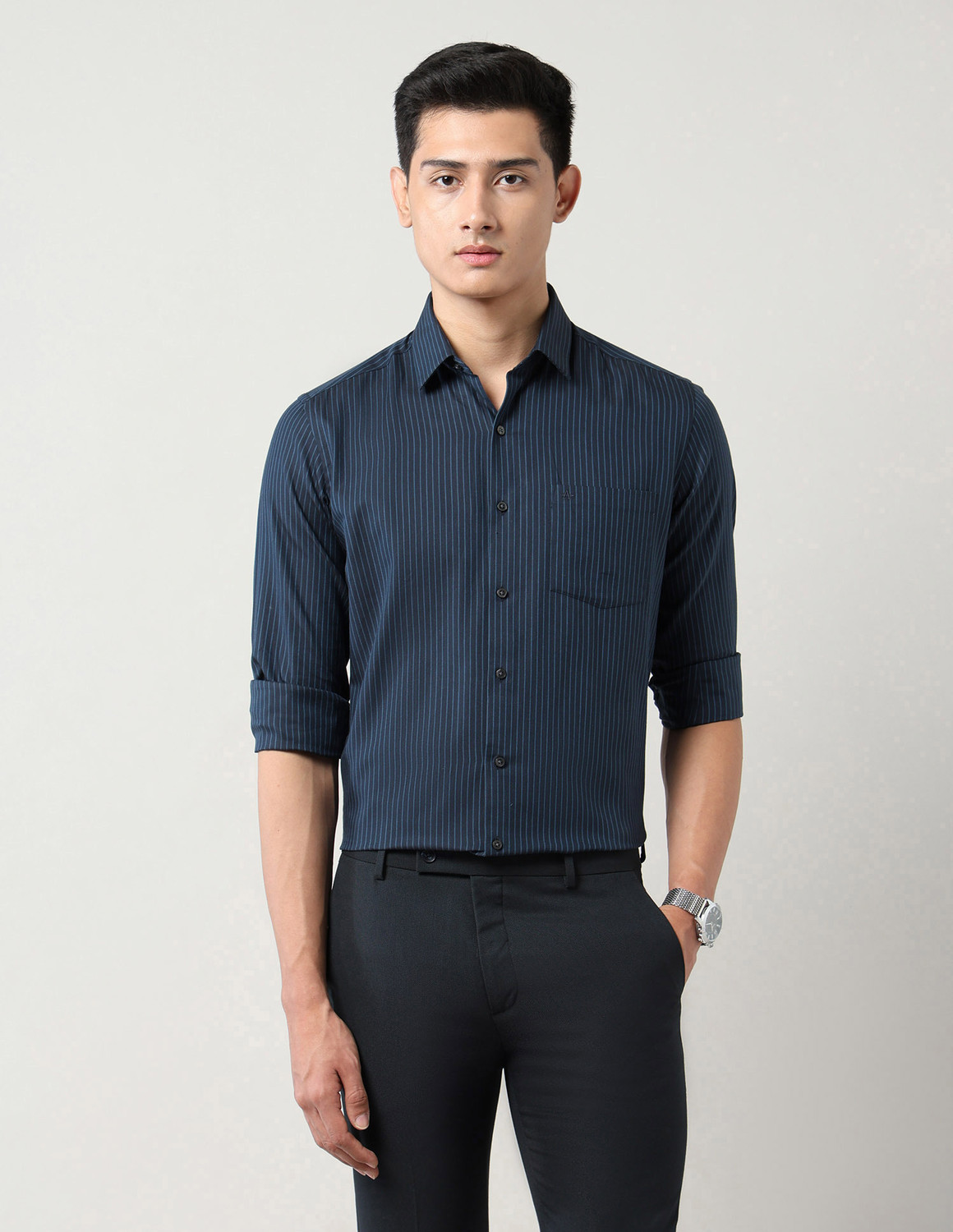 Image of ARROW Men Striped Formal Blue Shirt