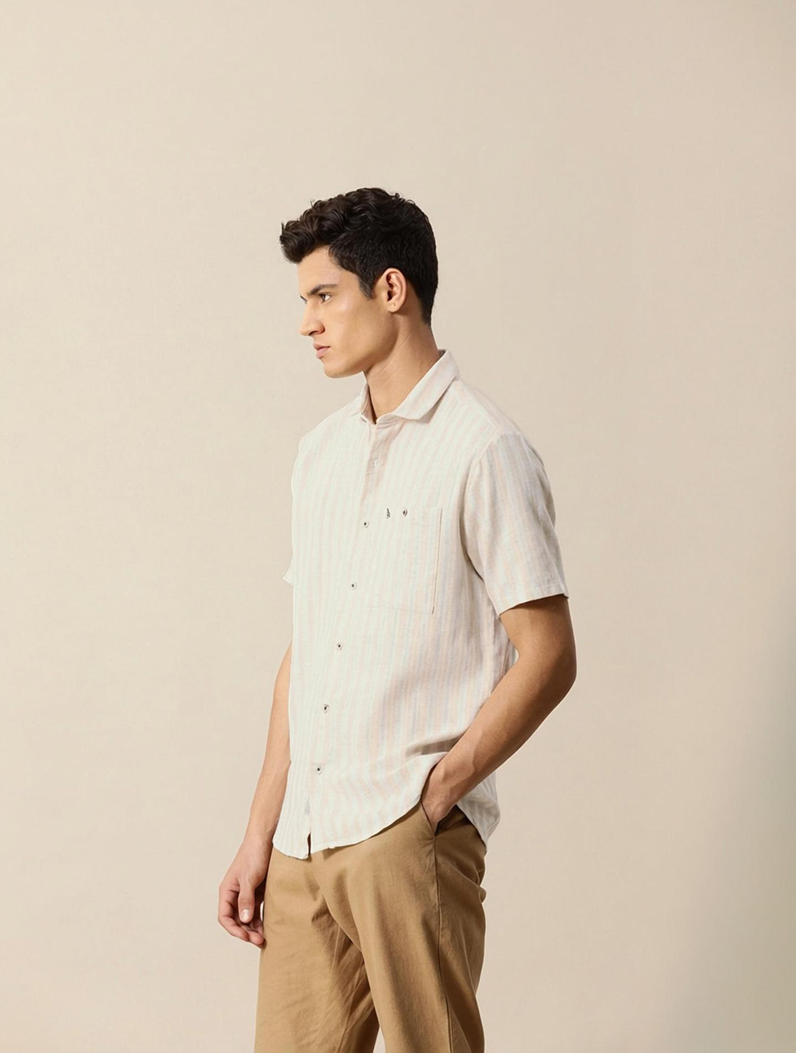 Image of Mr Bowerbird Men Solid Casual Beige Shirt