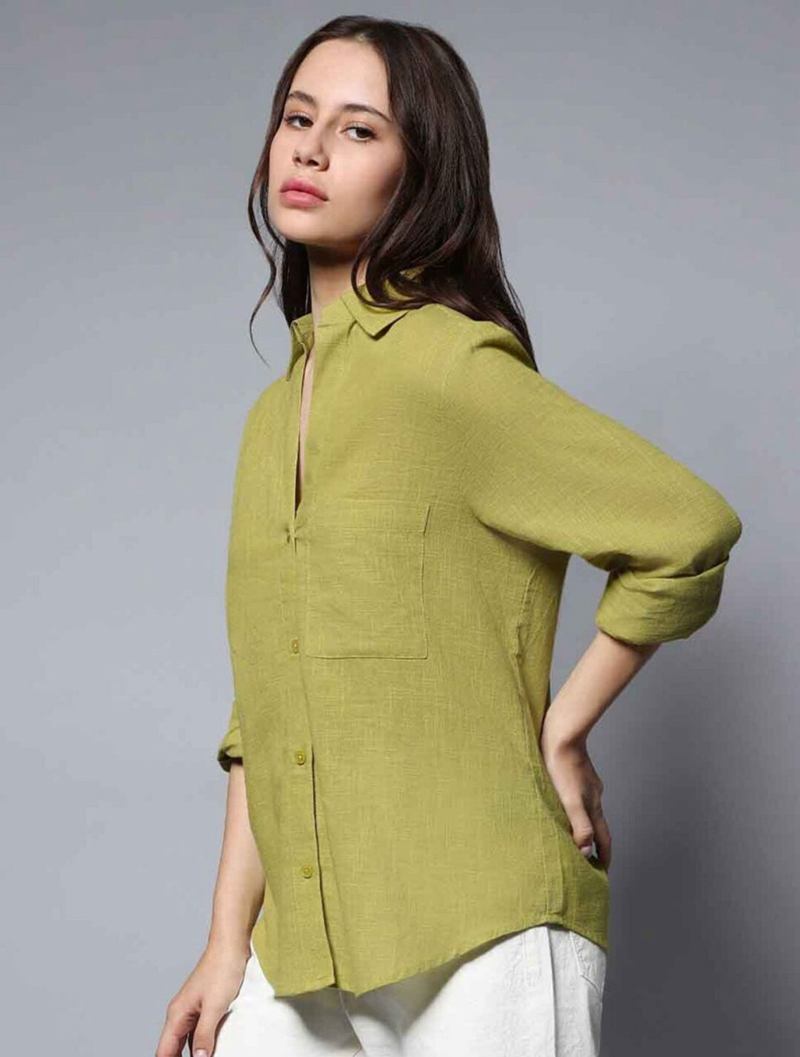 Image of SAARSHE Women Solid Casual Green Shirt
