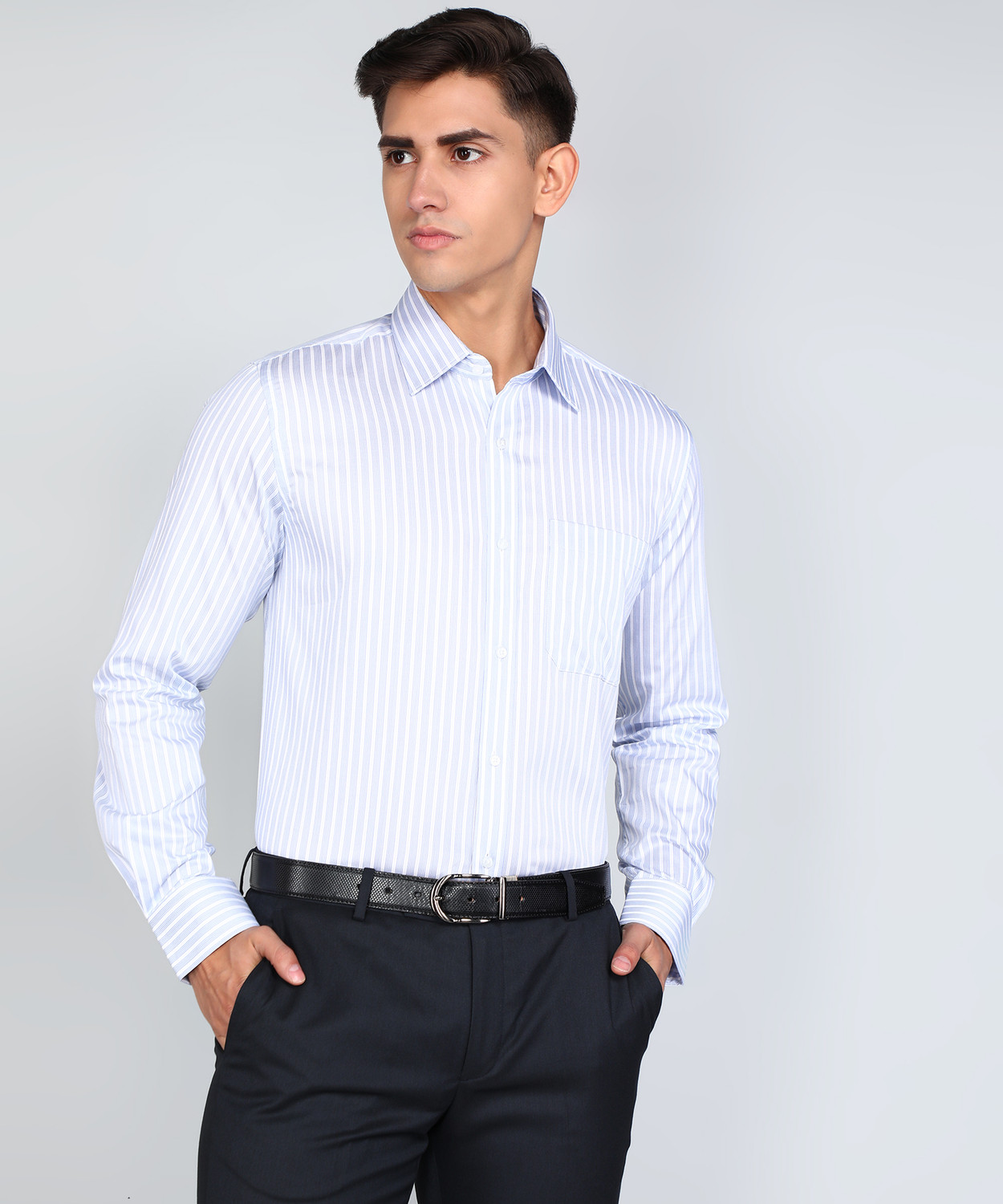 Image of Raymond Men Striped Formal Blue Shirt