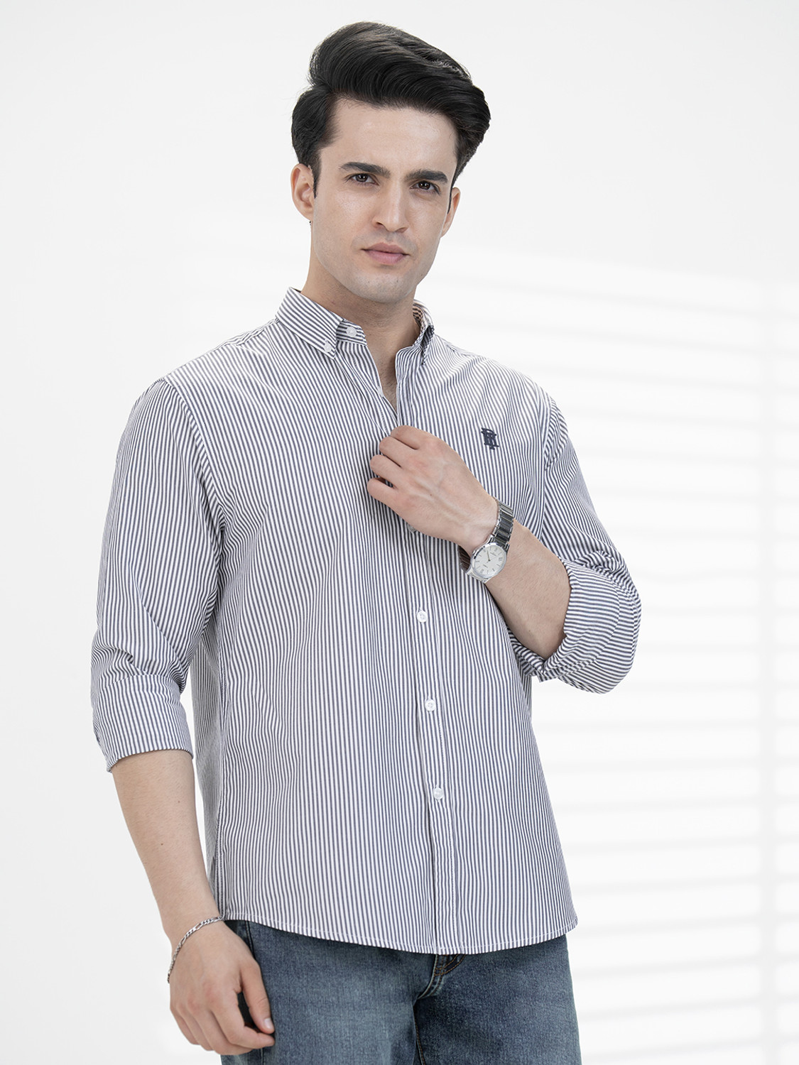 Image of RED TAPE Men Striped Casual Grey Shirt