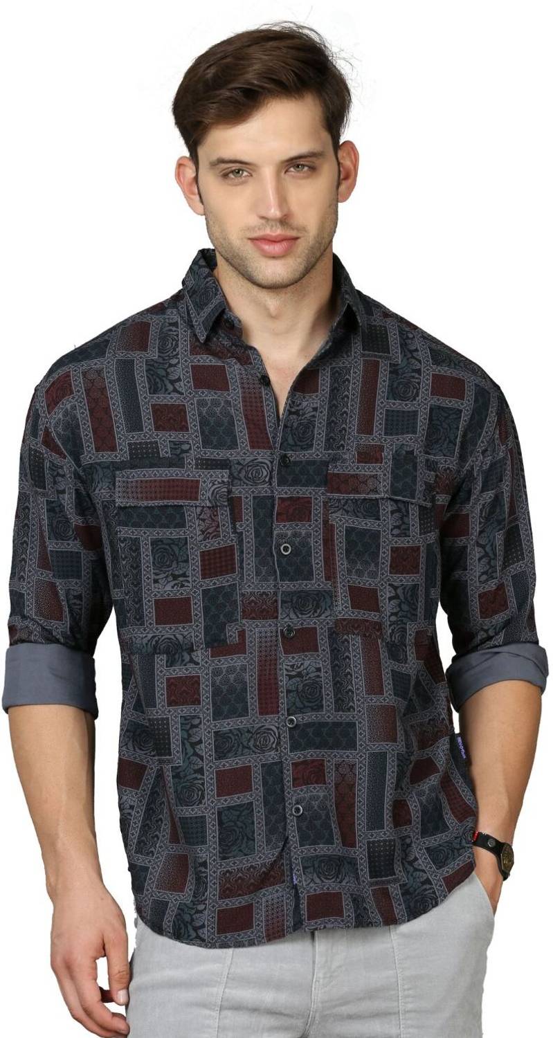 BEVDAAS Men Printed Casual Grey Shirt