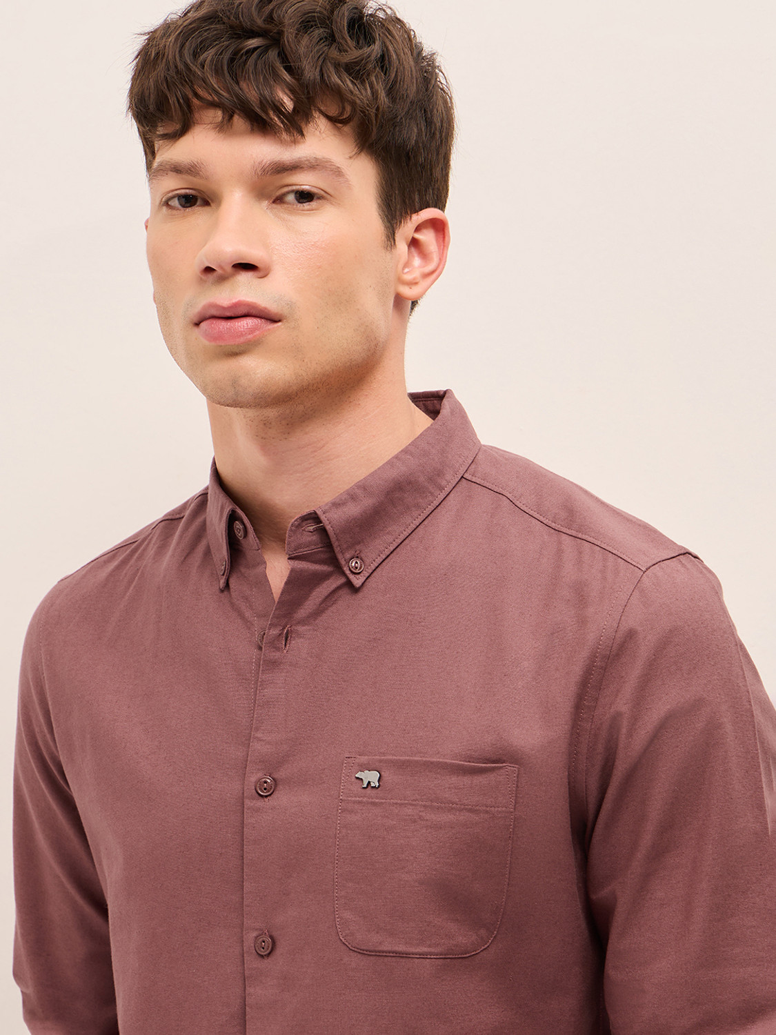 Image of THE BEAR HOUSE Men Solid Casual Brown Shirt