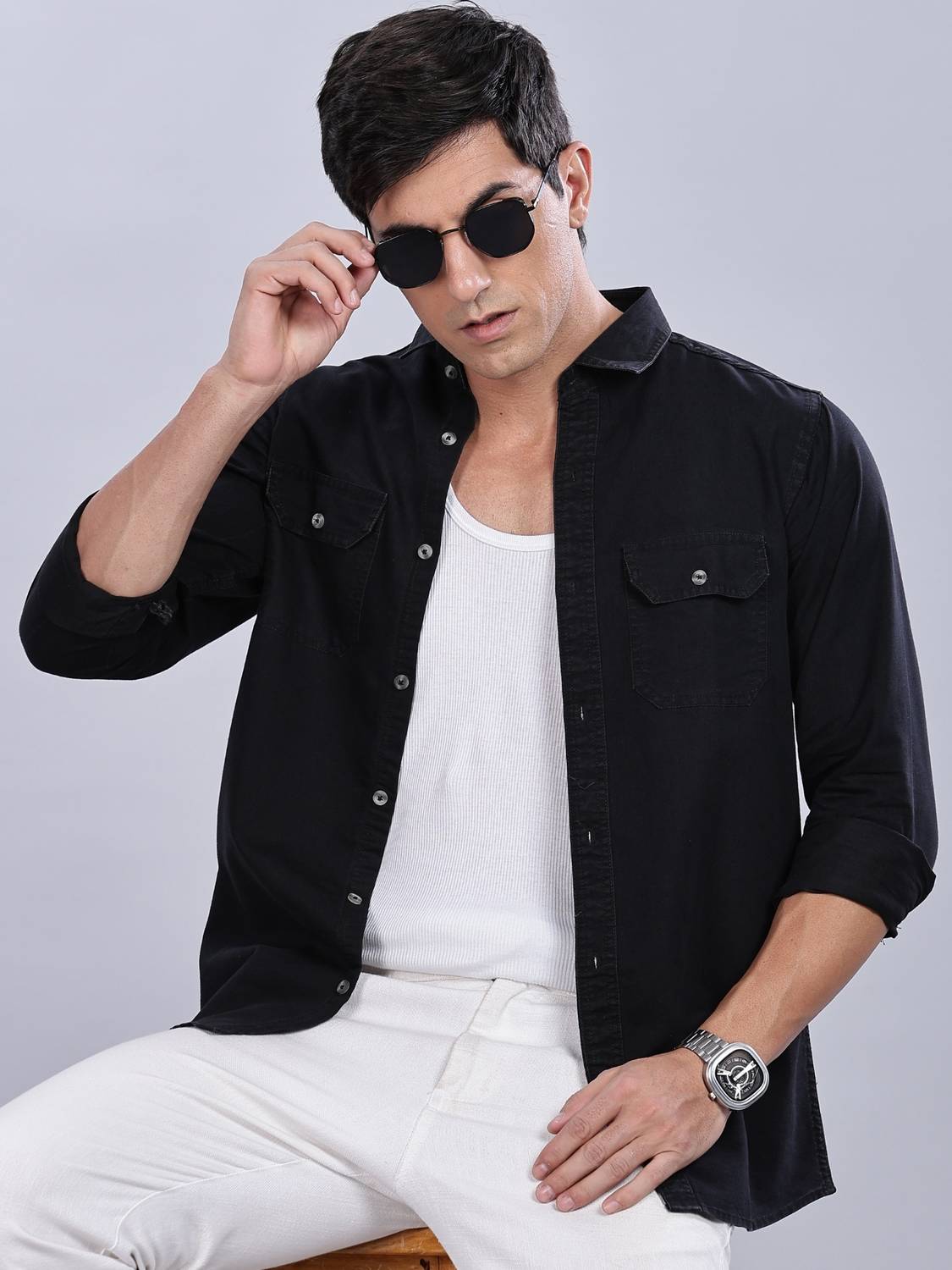 7th Legion Men Solid Casual Black Shirt