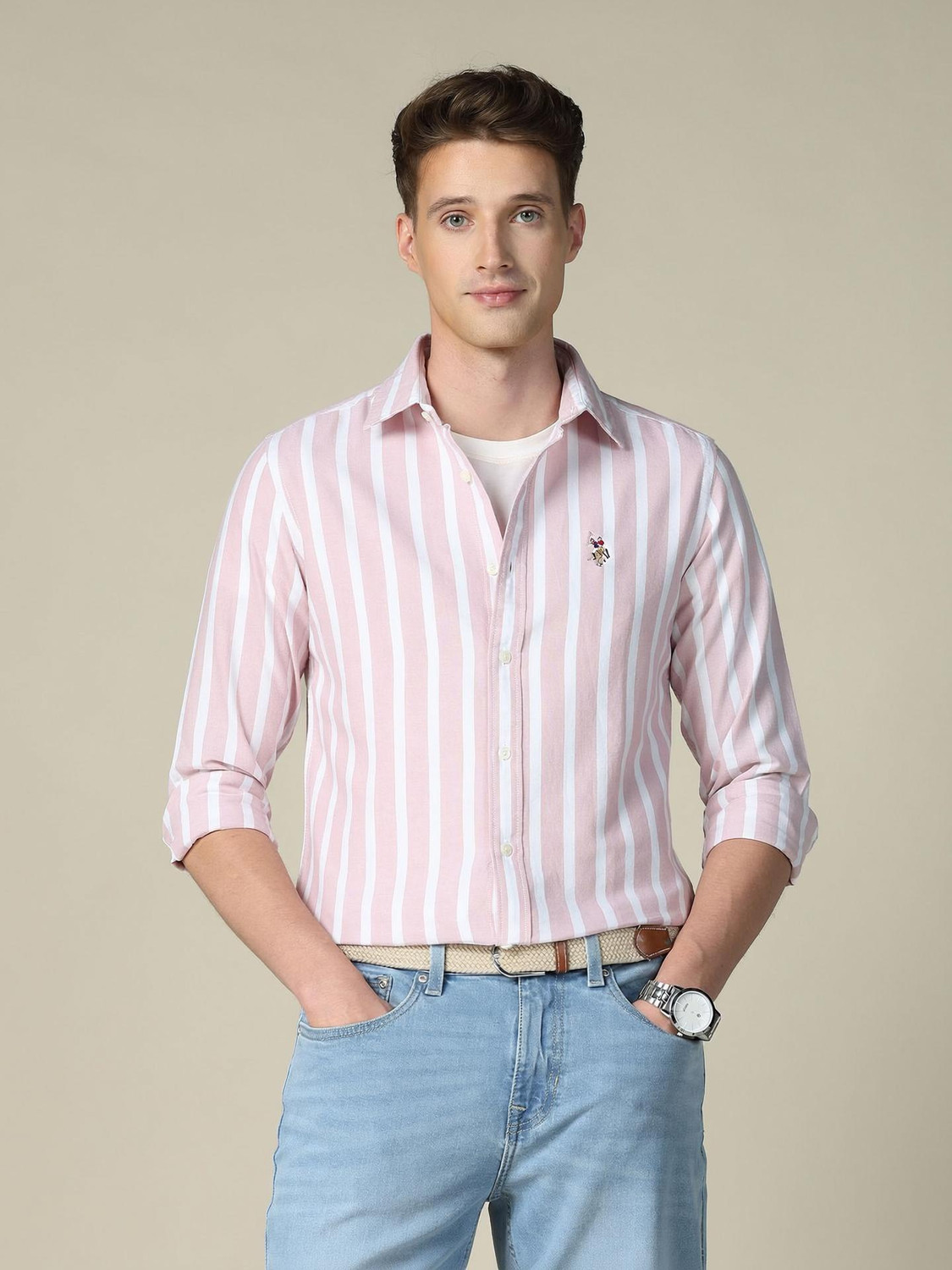 Image of U.S. POLO ASSN. Men Striped Casual Pink Shirt