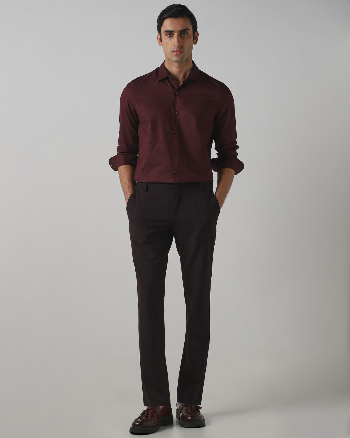 Image of MUFTI Men Solid Casual Maroon Shirt