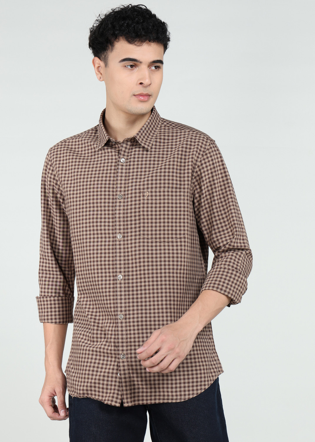 Image of INDIAN TERRAIN Men Checkered Casual Khaki Shirt