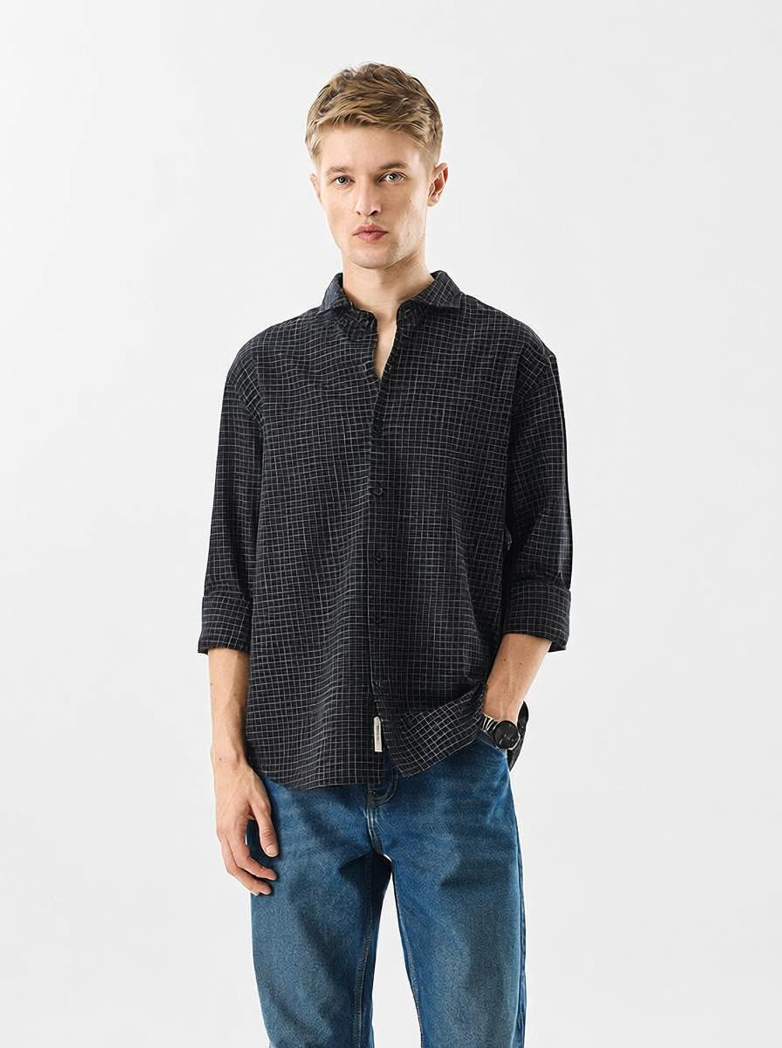 Image of Snitch Men Checkered Casual Black Shirt