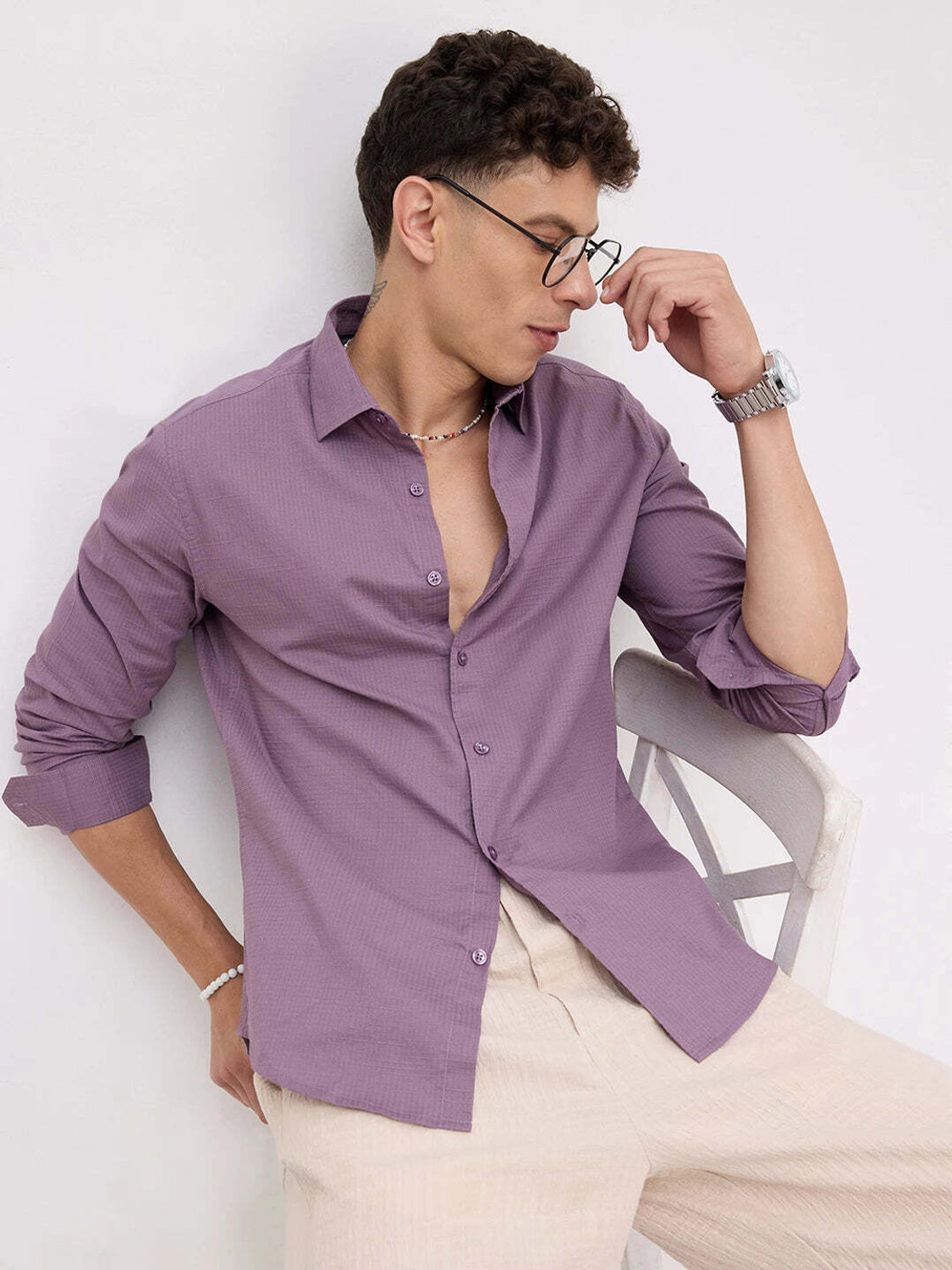 Image of VASTRADO Men Regular Fit Self Design Cut Away Collar Casual Shirt