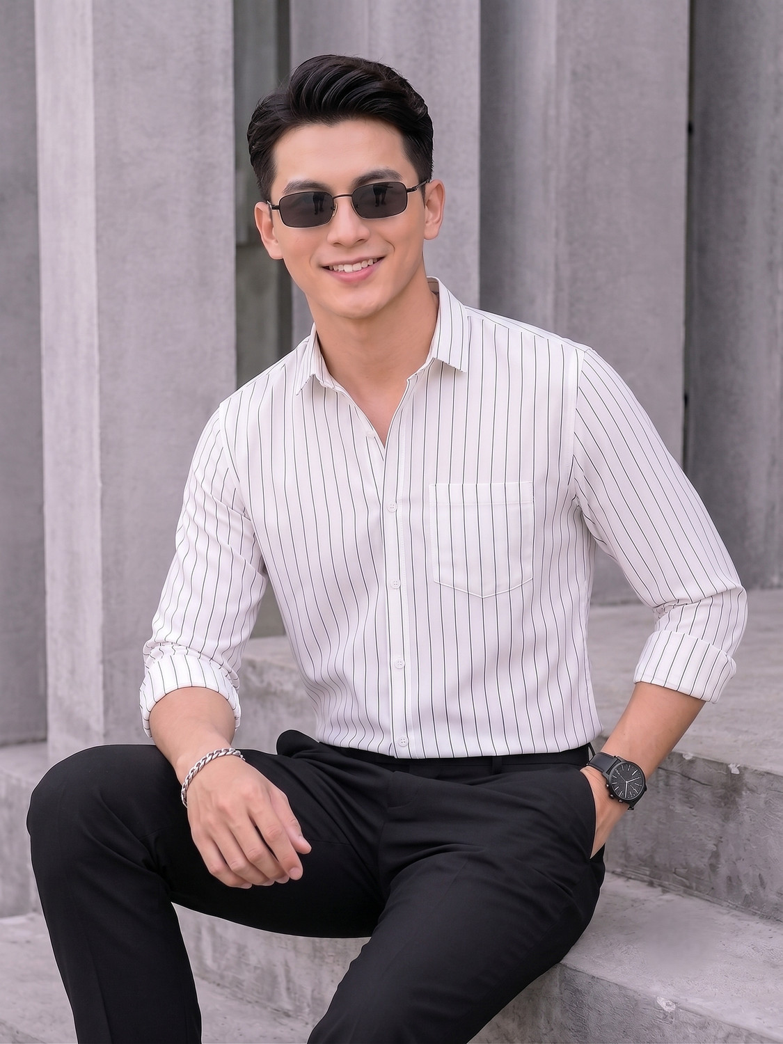 Image of MILDIN Men Regular Fit Striped Spread Collar Formal Shirt