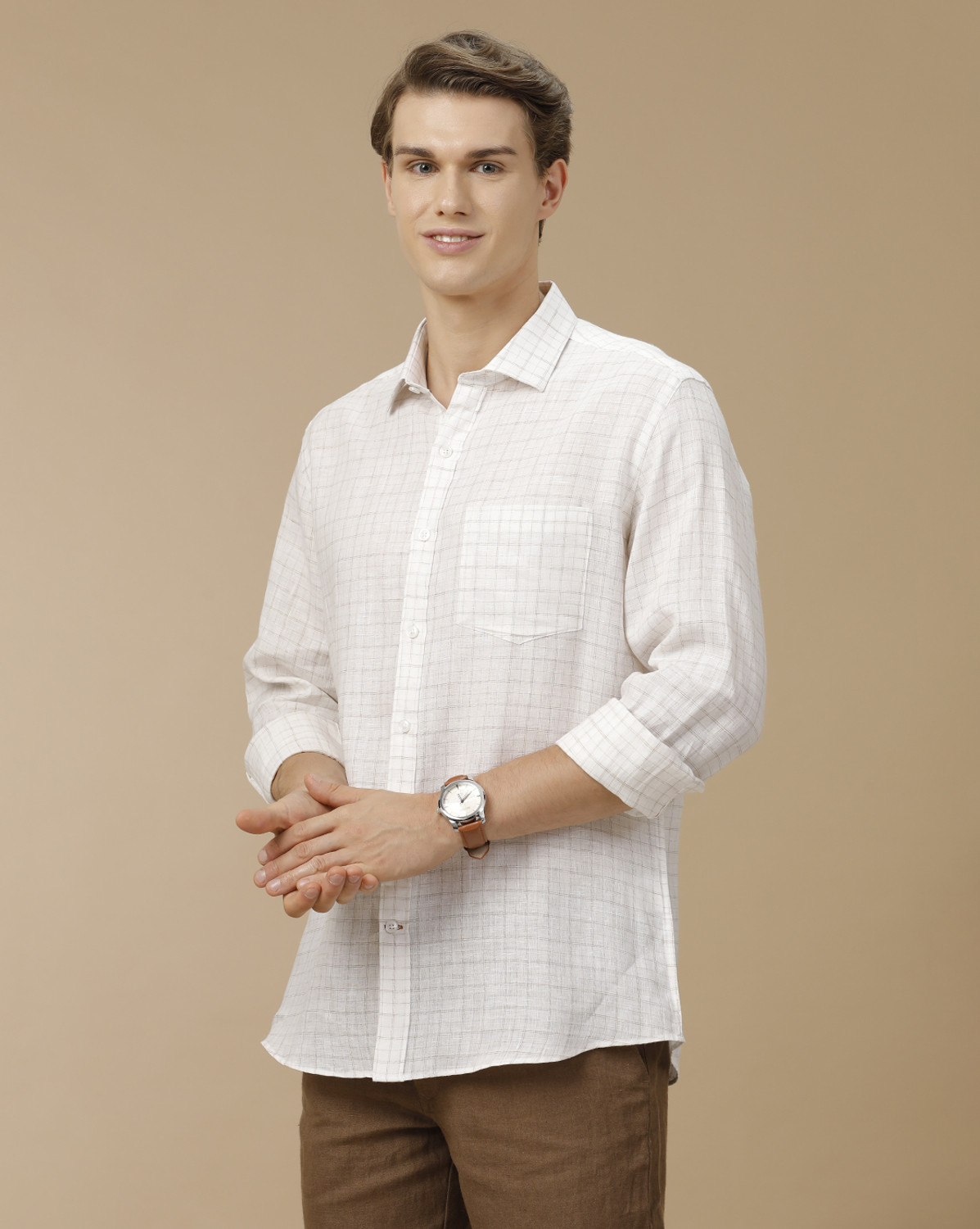 Image of Linen Club Men Checkered Casual White Shirt