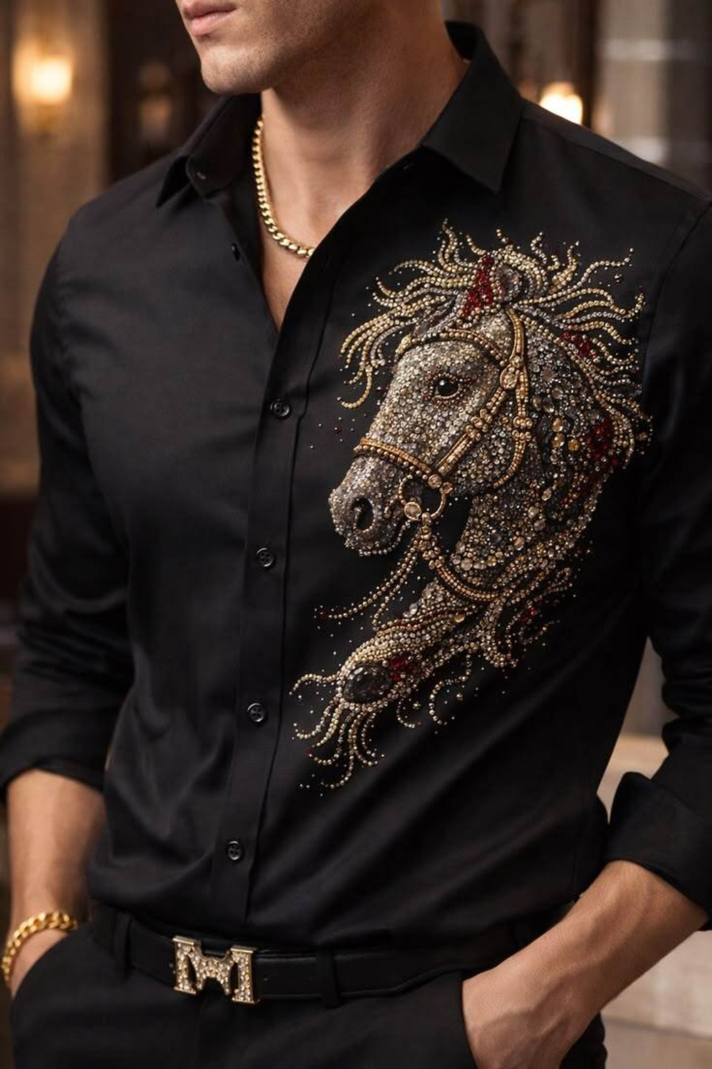 Image of FABPLANET Men Slim Fit Embellished Spread Collar Formal Shirt