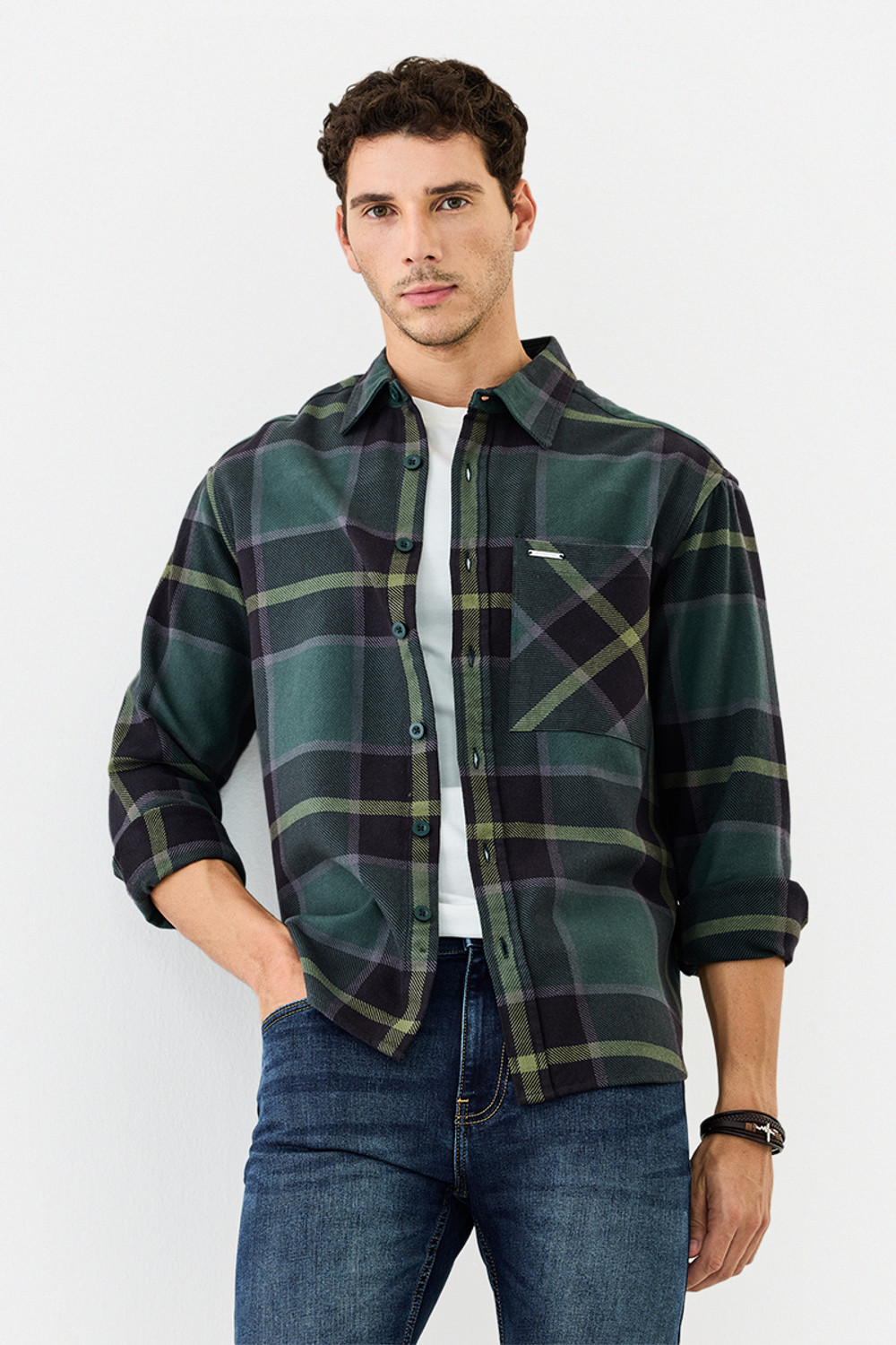 Image of Snitch Men Checkered Casual Dark Green Shirt