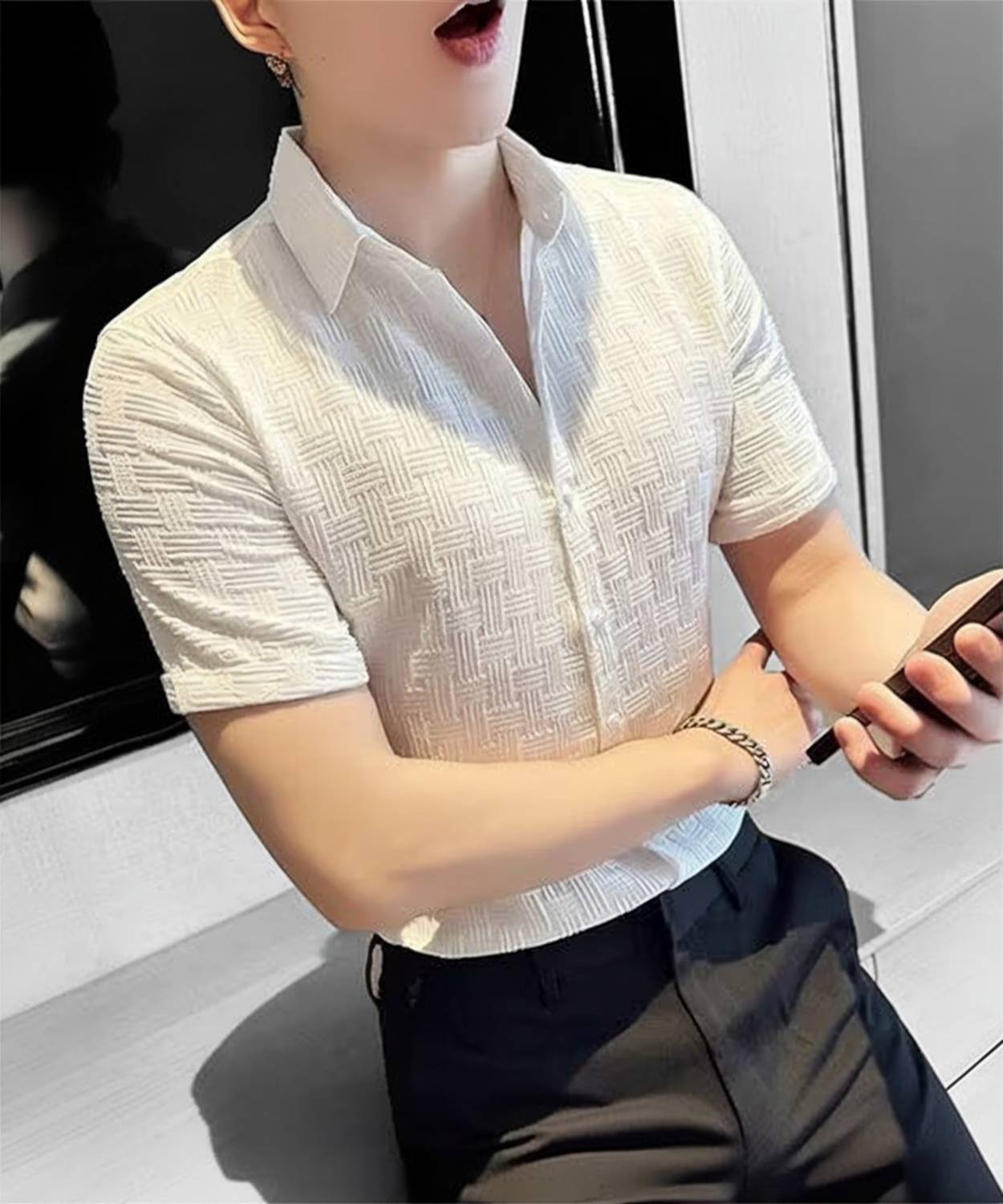 AMORE FASHION Men Checkered, Self Design, Solid Casual White Shirt