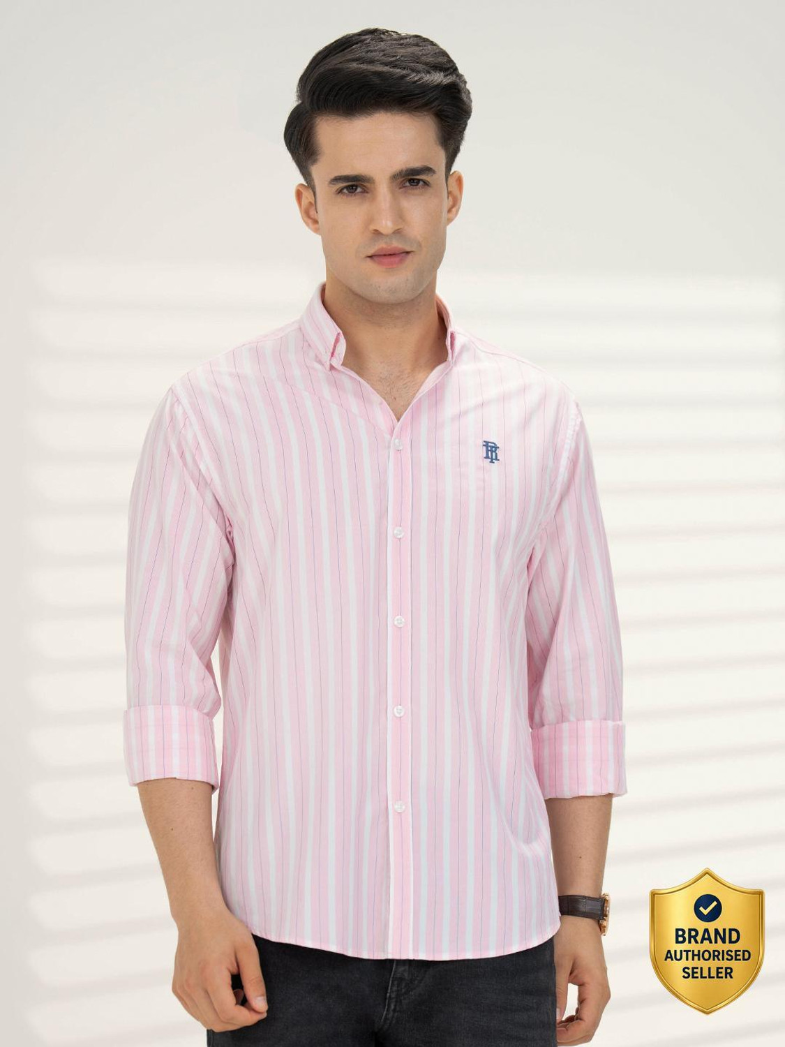 Image of RED TAPE Men Striped Casual Pink Shirt