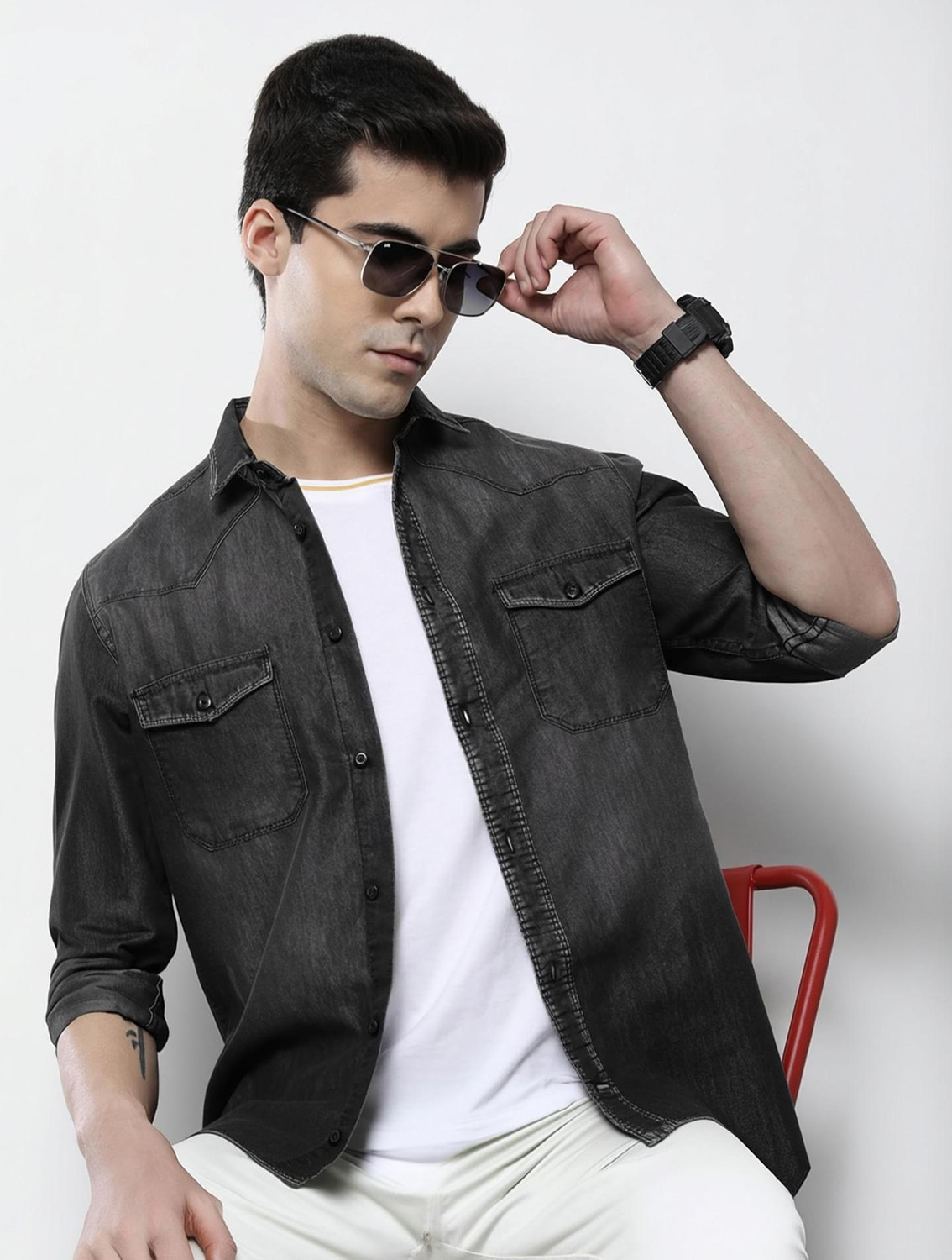 Image of The Indian Garage Co. Men Washed Casual Black Shirt
