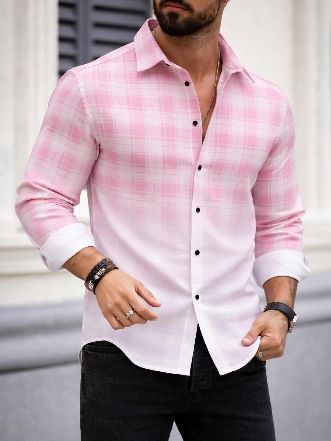 Image of Kizyoo Men Checkered, Dyed /Ombre Casual Purple, White Shirt