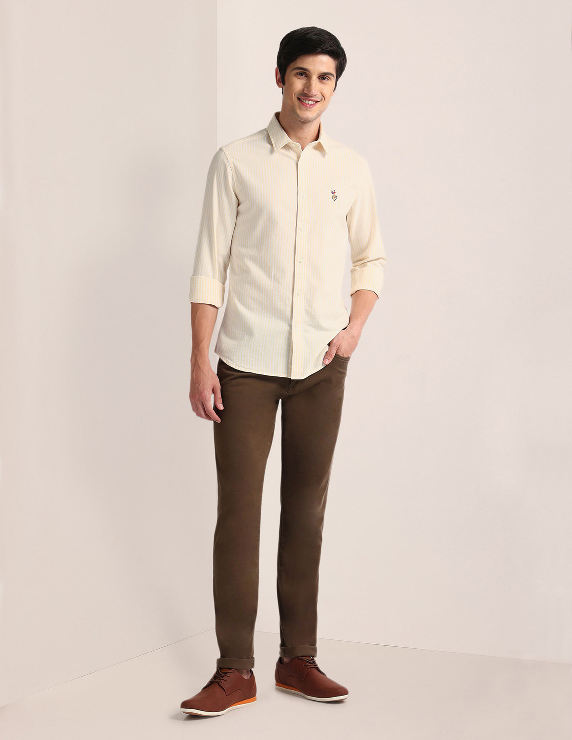 Image of U.S. POLO ASSN. Men Solid Casual Yellow Shirt