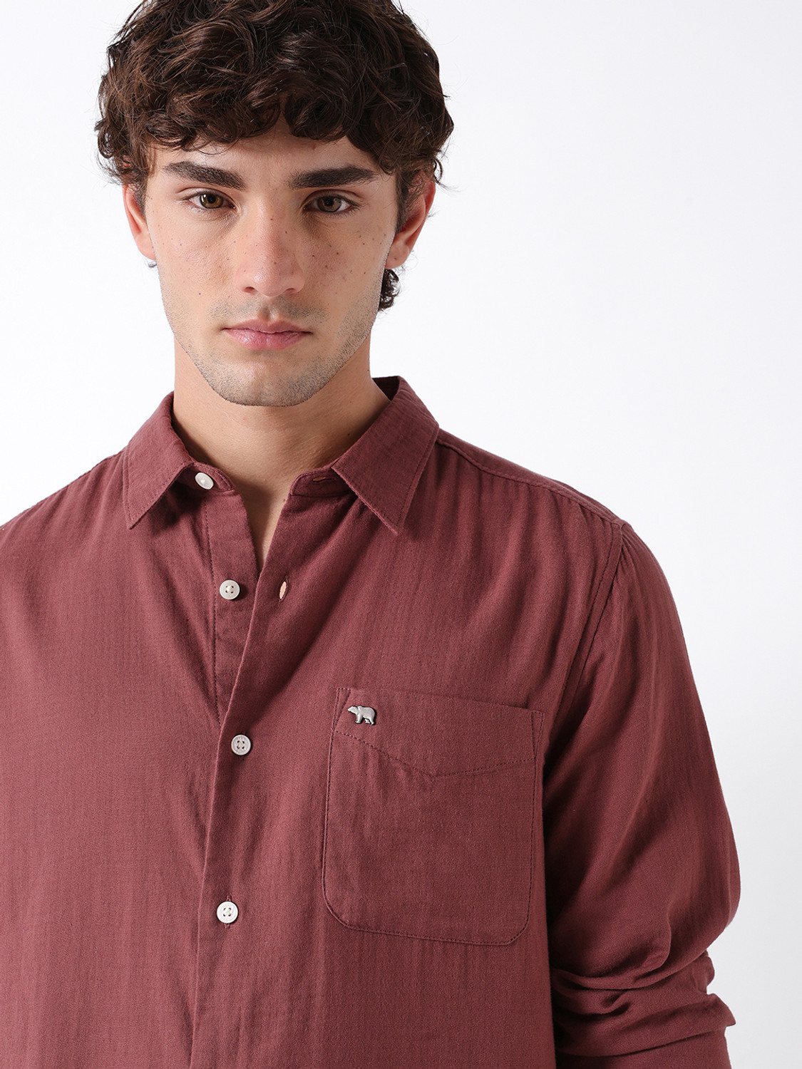 Image of THE BEAR HOUSE Men Solid Casual Maroon Shirt