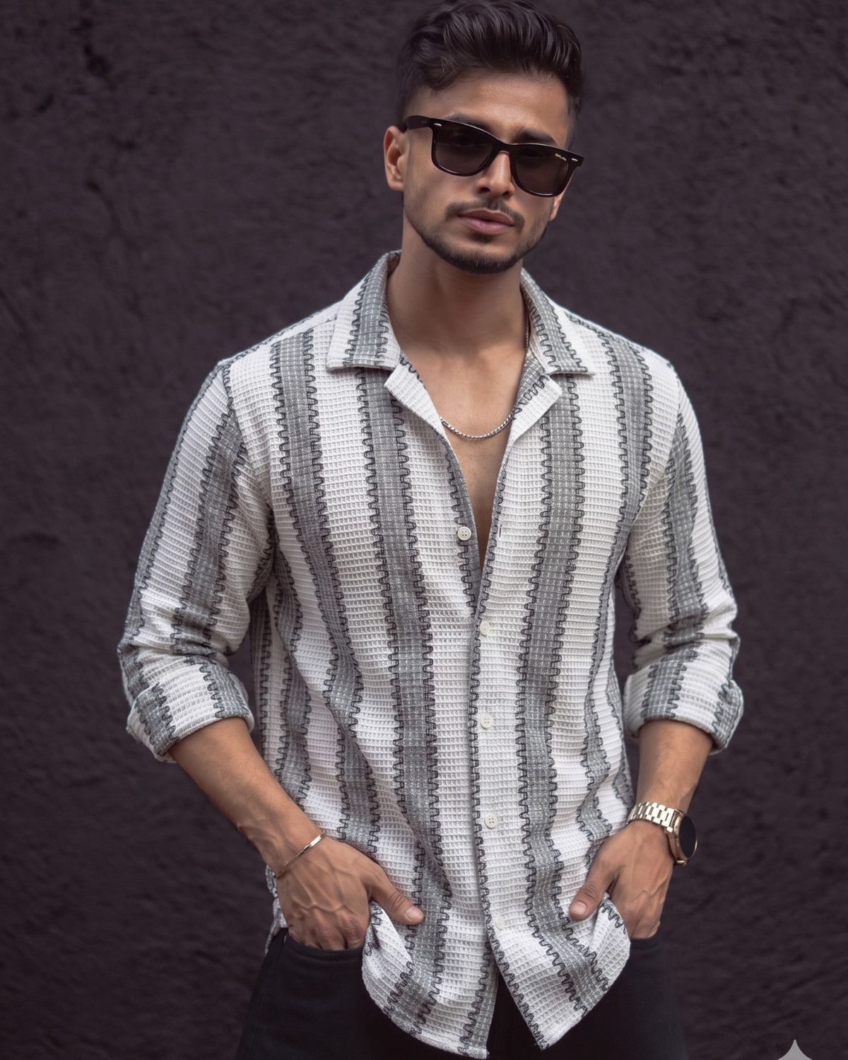 Image of Voroxy Men Striped Casual Grey, Multicolor Shirt