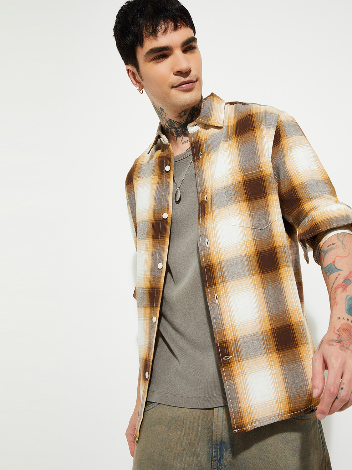 Image of MAX Men Checkered Casual Yellow Shirt