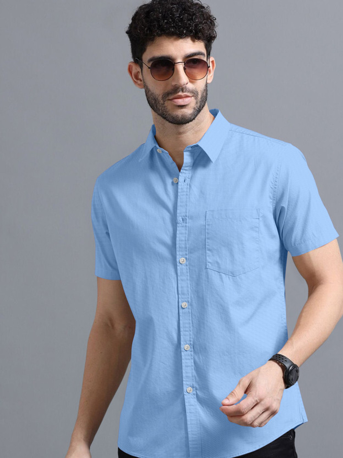 Image of Brown Deer Men Solid Casual Light Blue Shirt