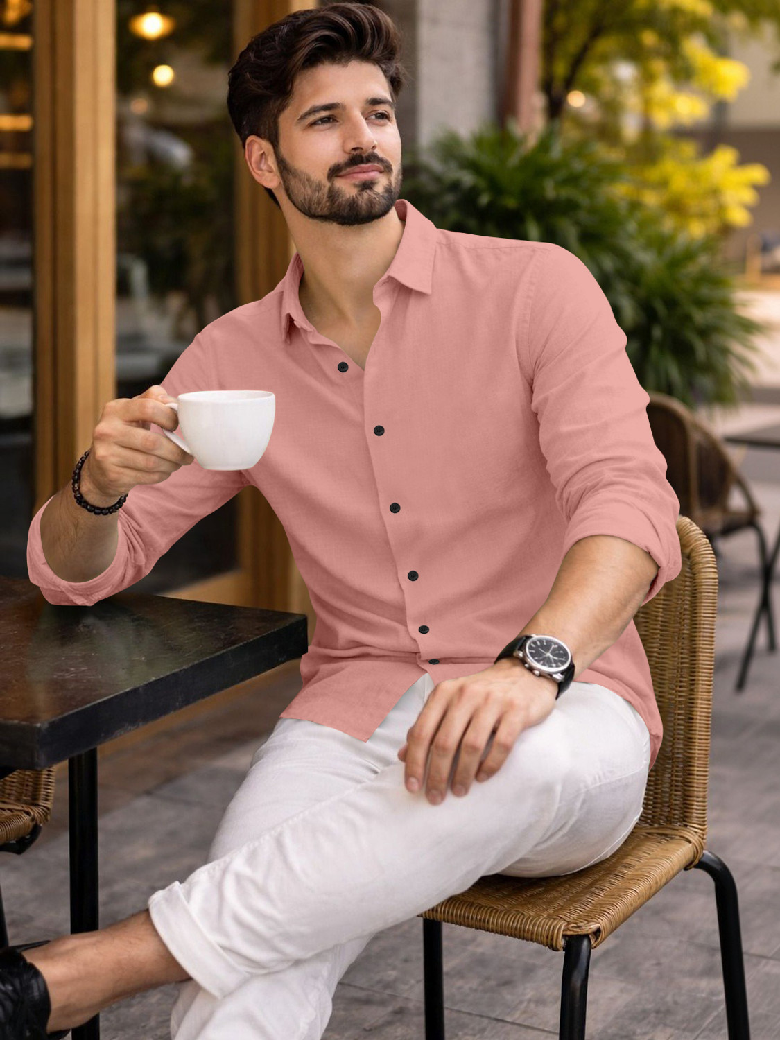 Image of Mameru Men Regular Fit Solid Cut Away Collar Casual Shirt
