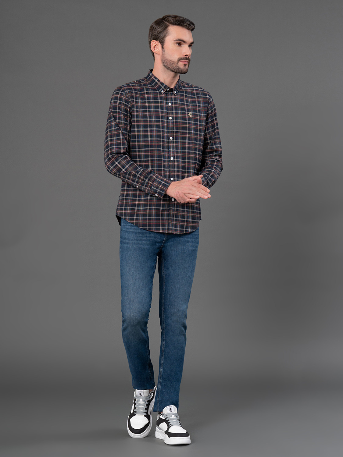 Image of RED TAPE Men Checkered Casual Dark Blue Shirt