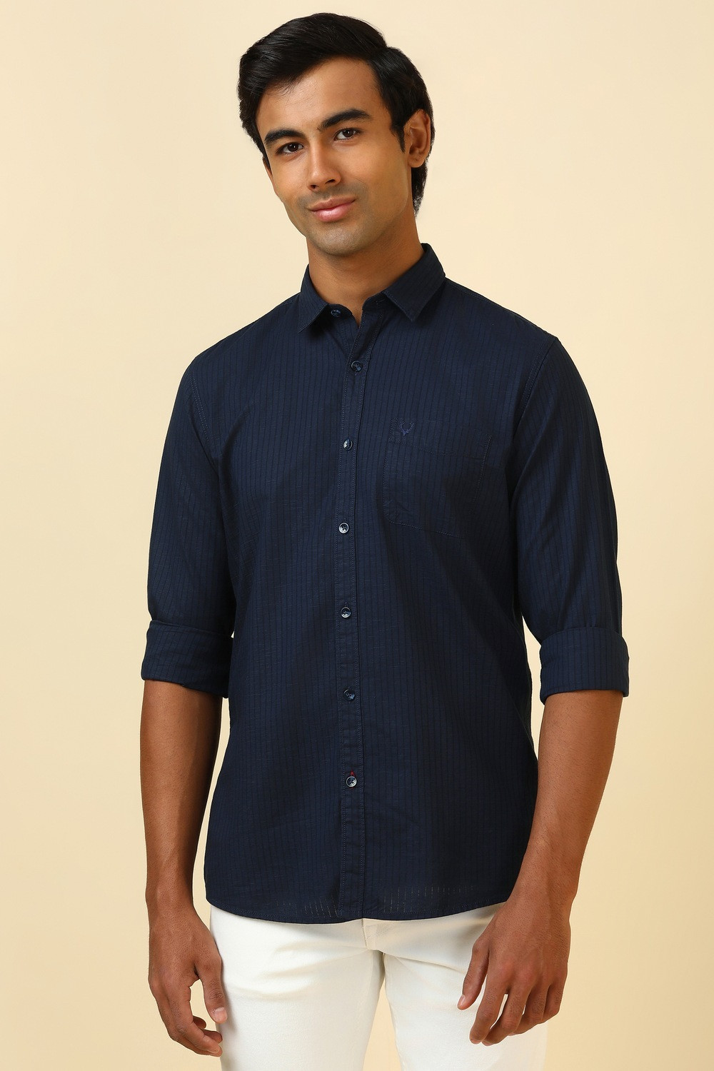 Image of Allen Solly Men Solid Casual Dark Blue Shirt