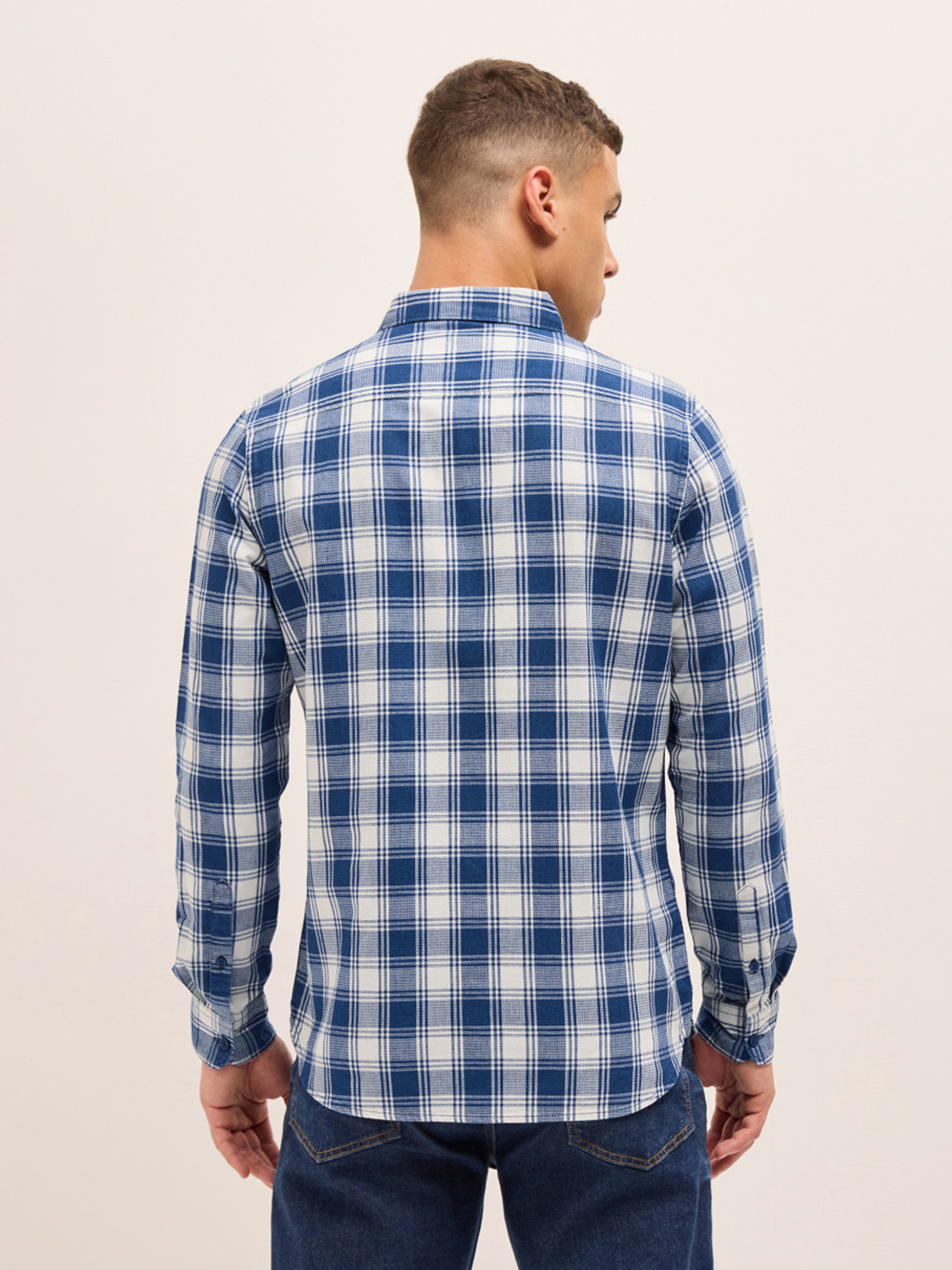 Image of THE BEAR HOUSE Men Checkered Casual Blue Shirt
