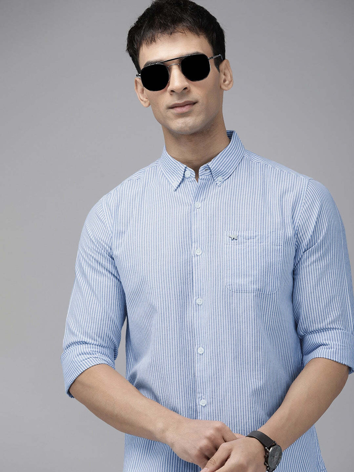 Image of THE BEAR HOUSE Men Striped Casual White, Light Blue Shirt