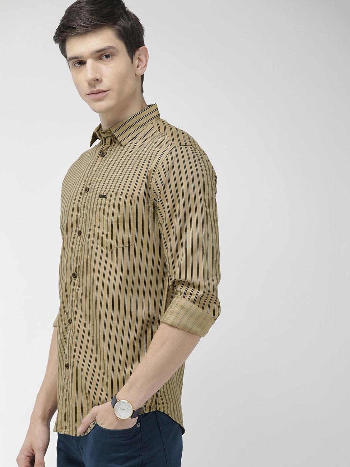 Image of The Indian Garage Co. Men Striped Casual Khaki Shirt