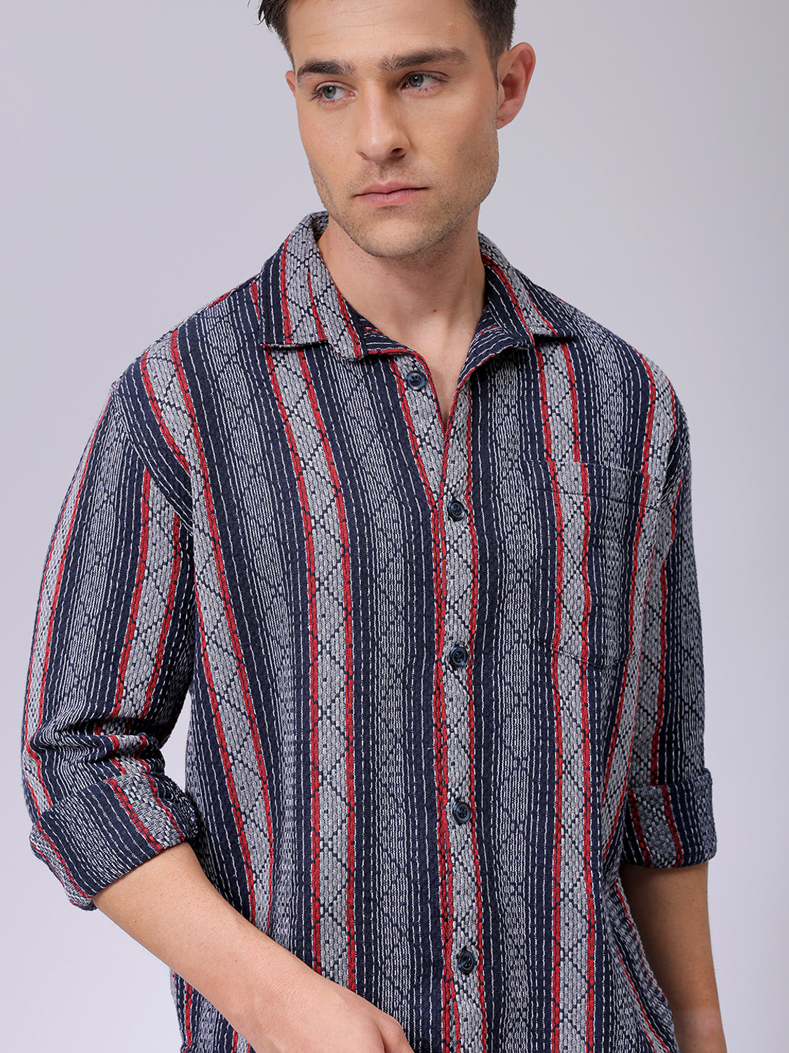 Image of The Indian Garage Co. Men Striped Beach Wear Dark Blue Shirt
