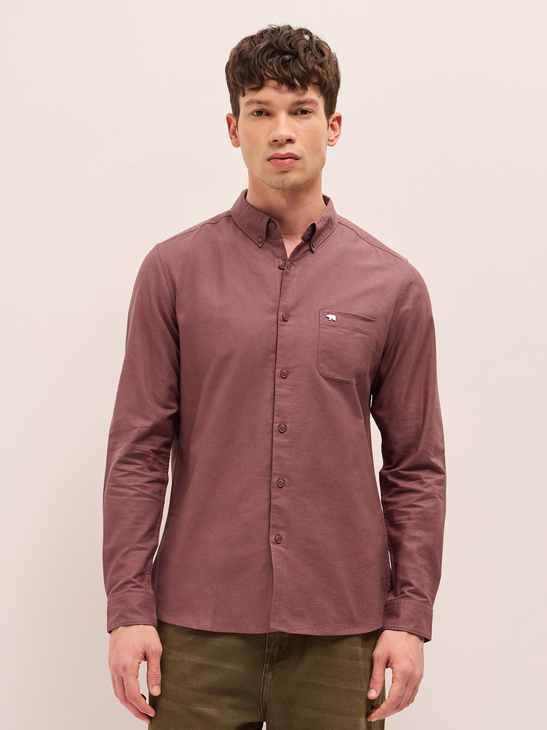 Image of THE BEAR HOUSE Men Solid Casual Brown Shirt