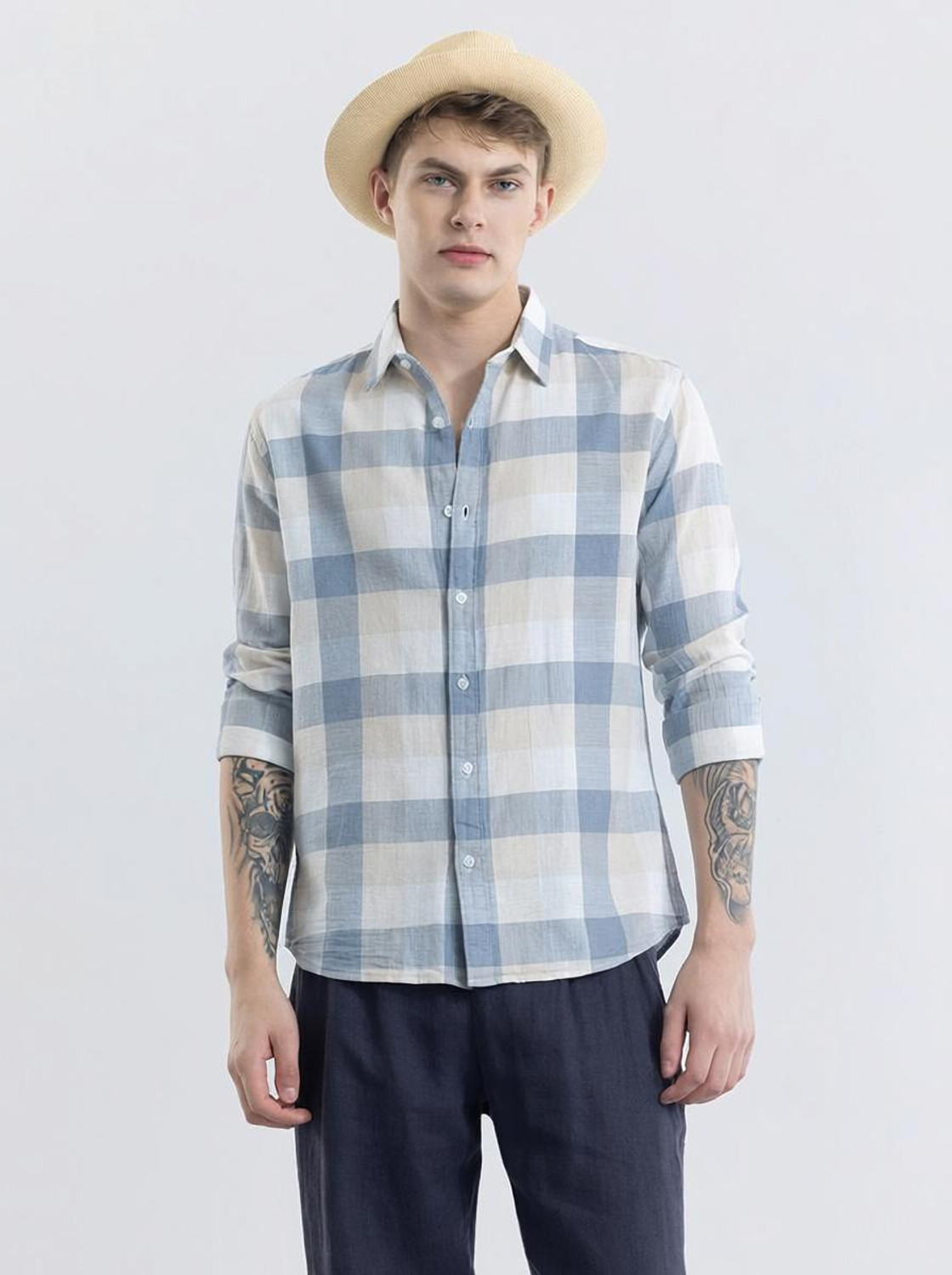 Image of Snitch Men Checkered Casual Light Blue Shirt