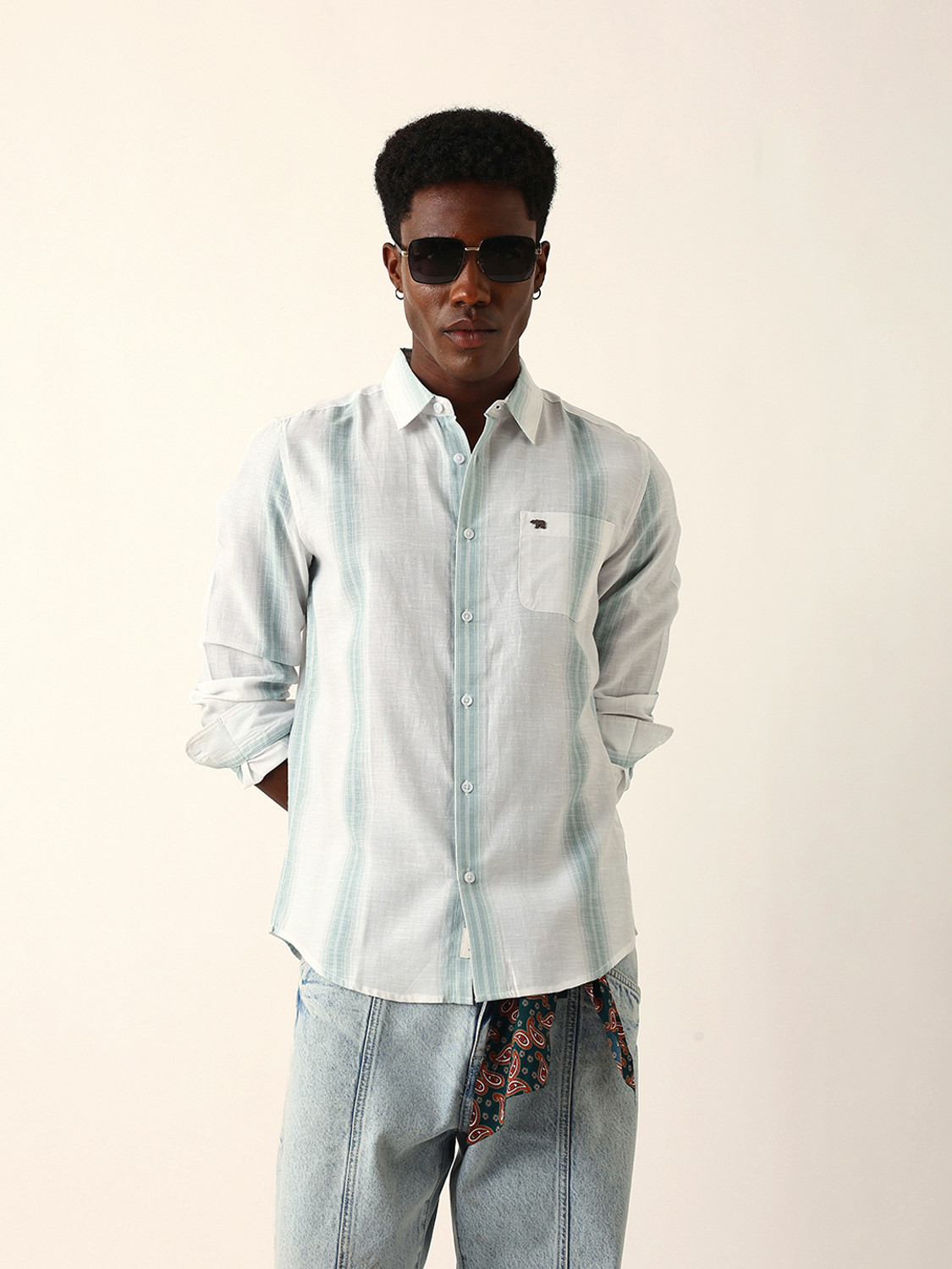 Image of THE BEAR HOUSE Men Striped Casual Green Shirt