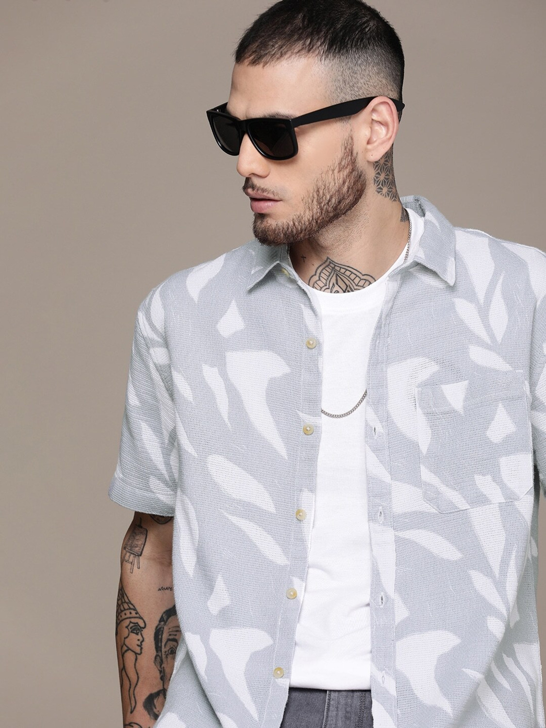 Image of WROGN Men Printed Casual Grey Shirt