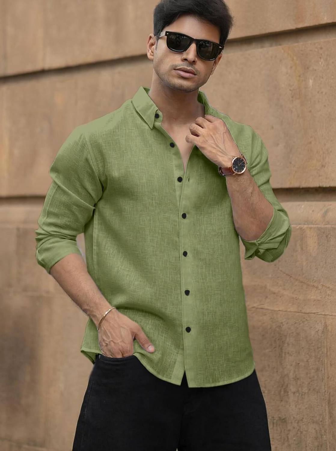 DEEMOON Men Solid Casual Light Green Shirt