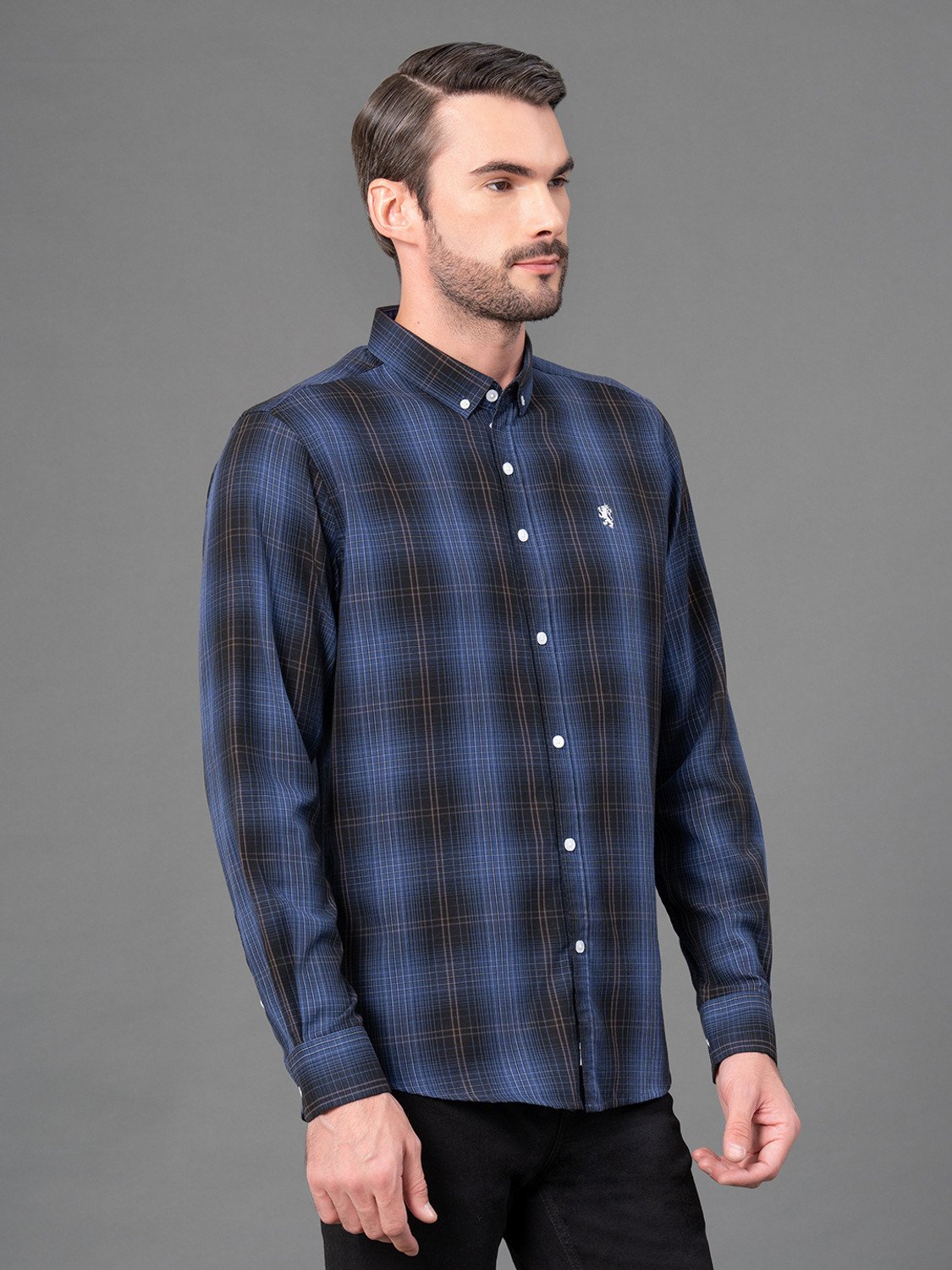 Image of RED TAPE Men Checkered Casual Dark Blue Shirt