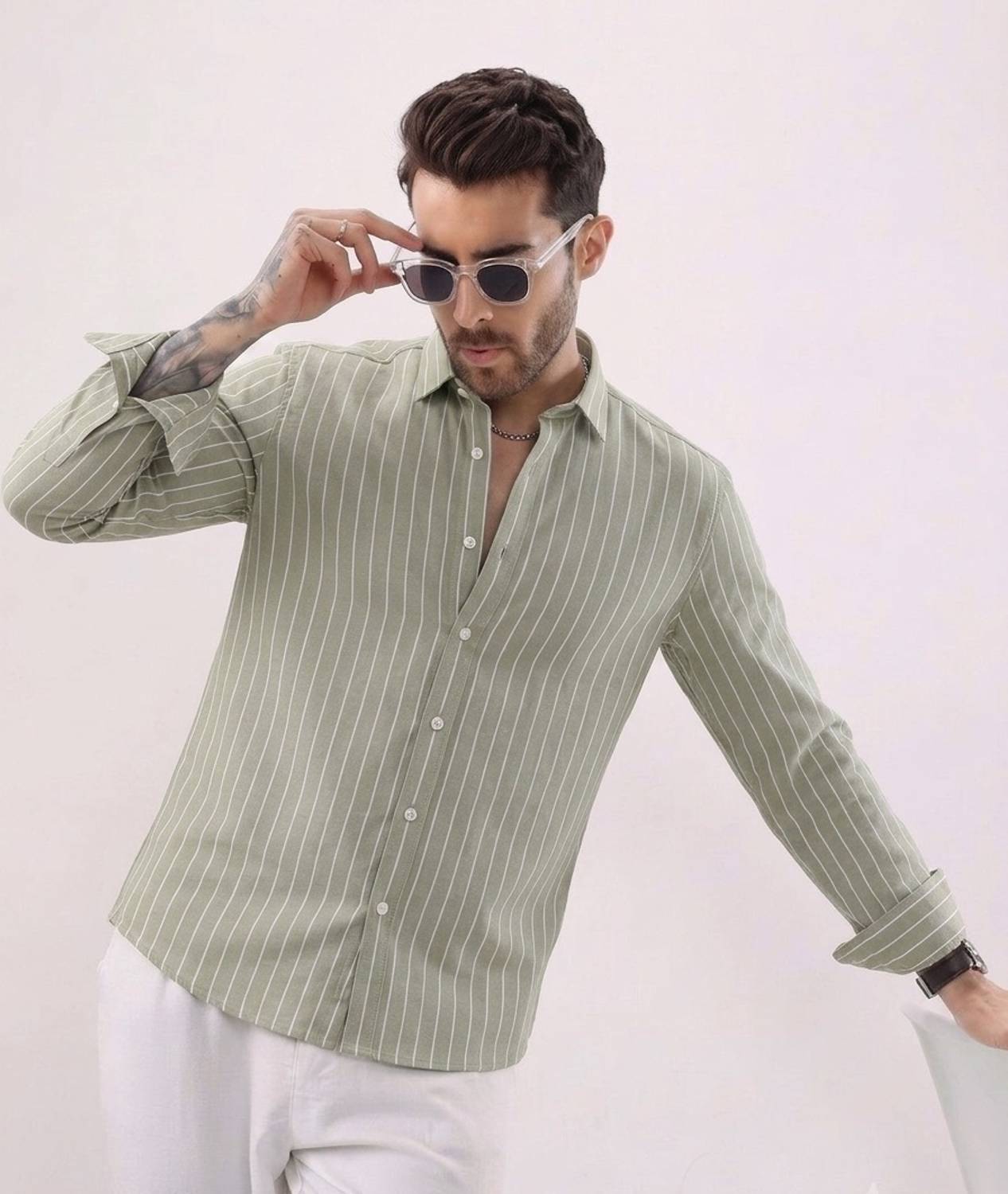 Roadster Men Light Green Striped Shirt - Image 1