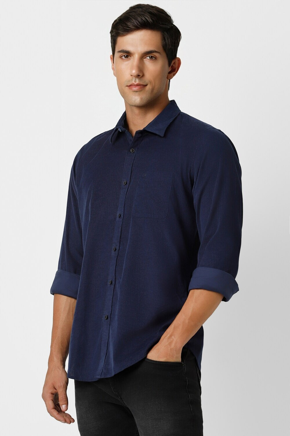 Image of PETER ENGLAND Men Solid Casual Dark Blue Shirt
