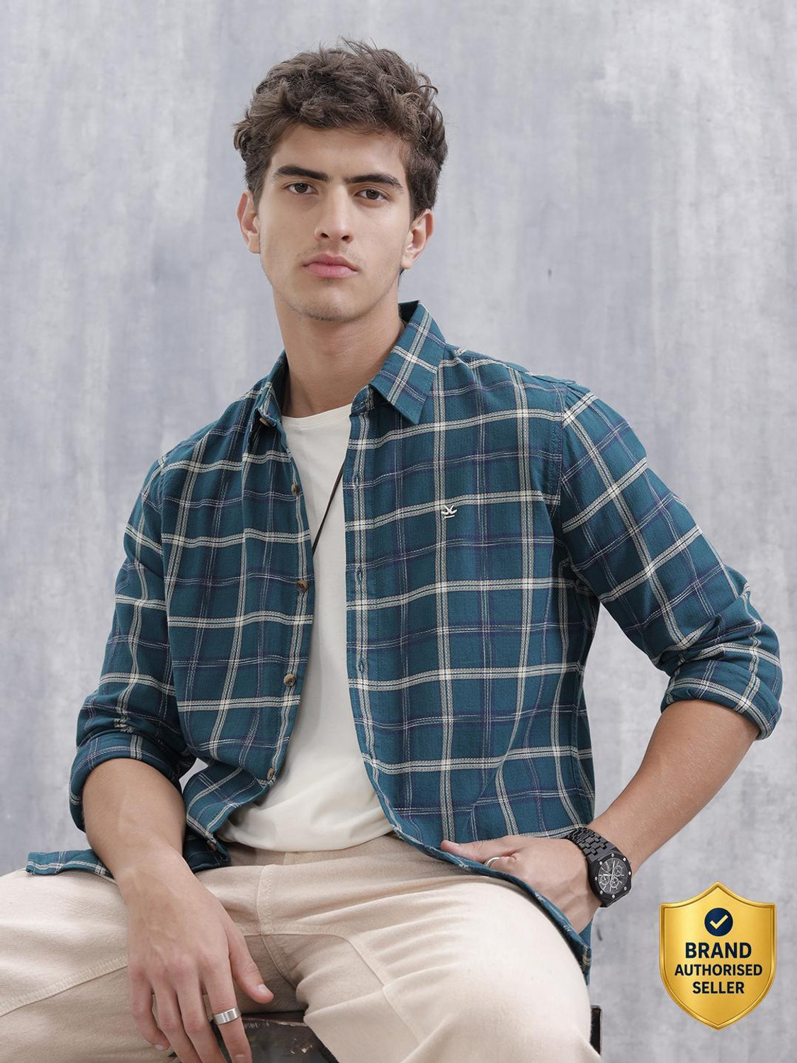 Image of WROGN Men Checkered Casual Green Shirt