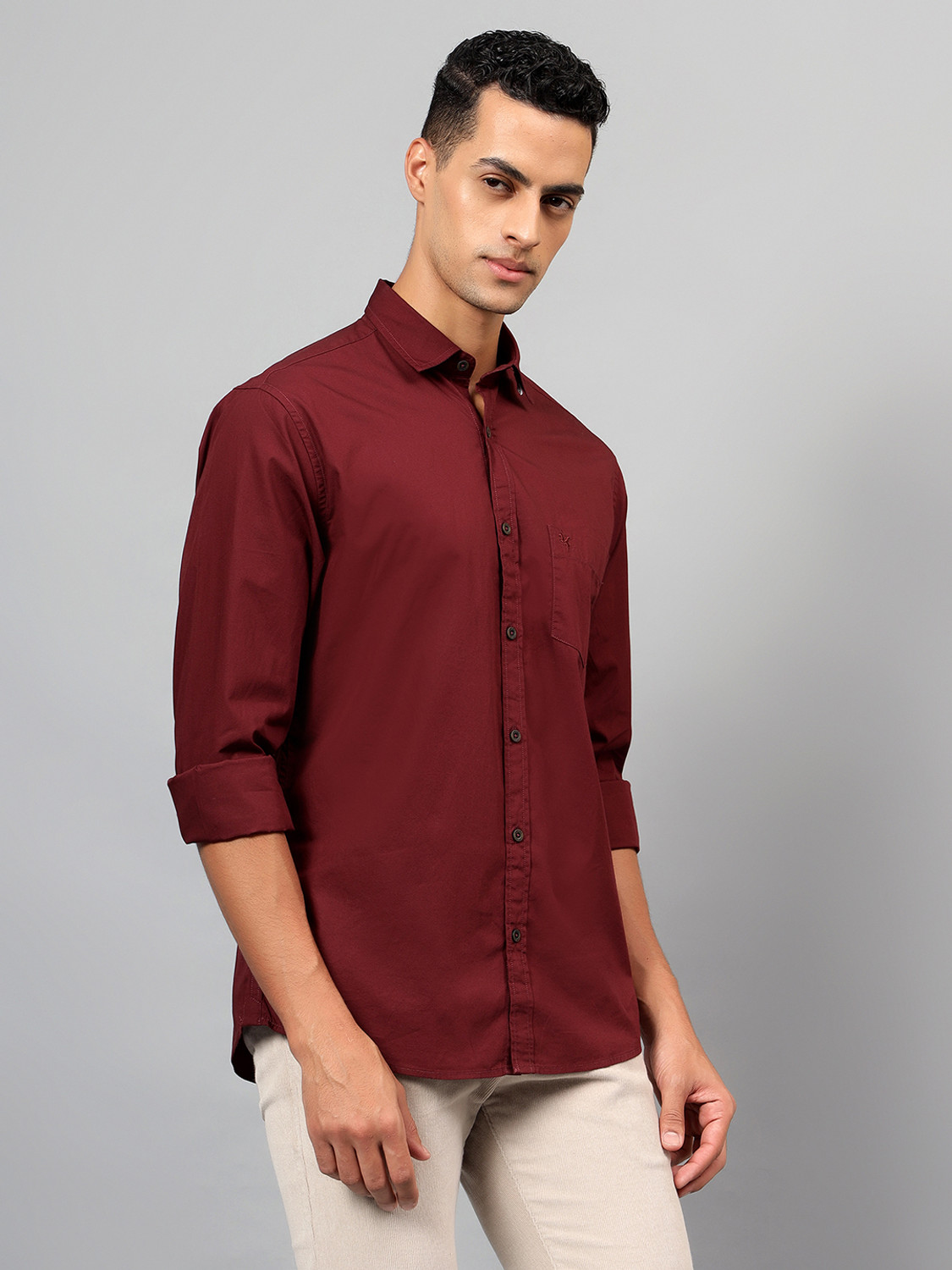 Image of CANTABIL Men Solid Casual Maroon Shirt