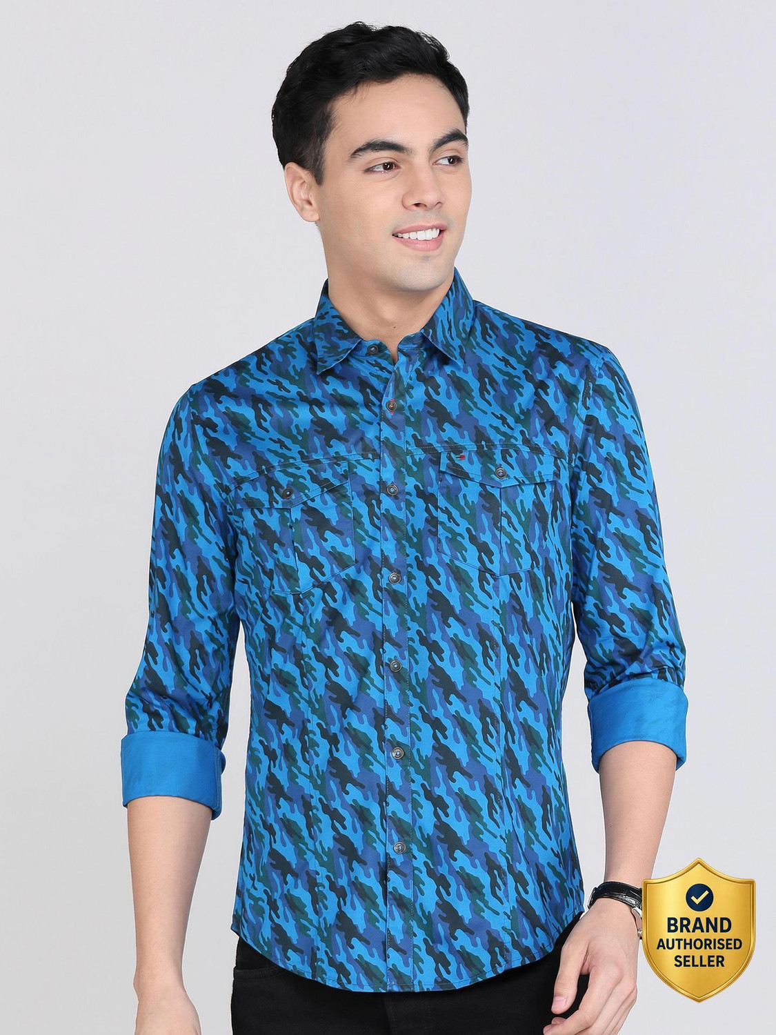 Image of PETER ENGLAND Men Printed Casual Blue Shirt