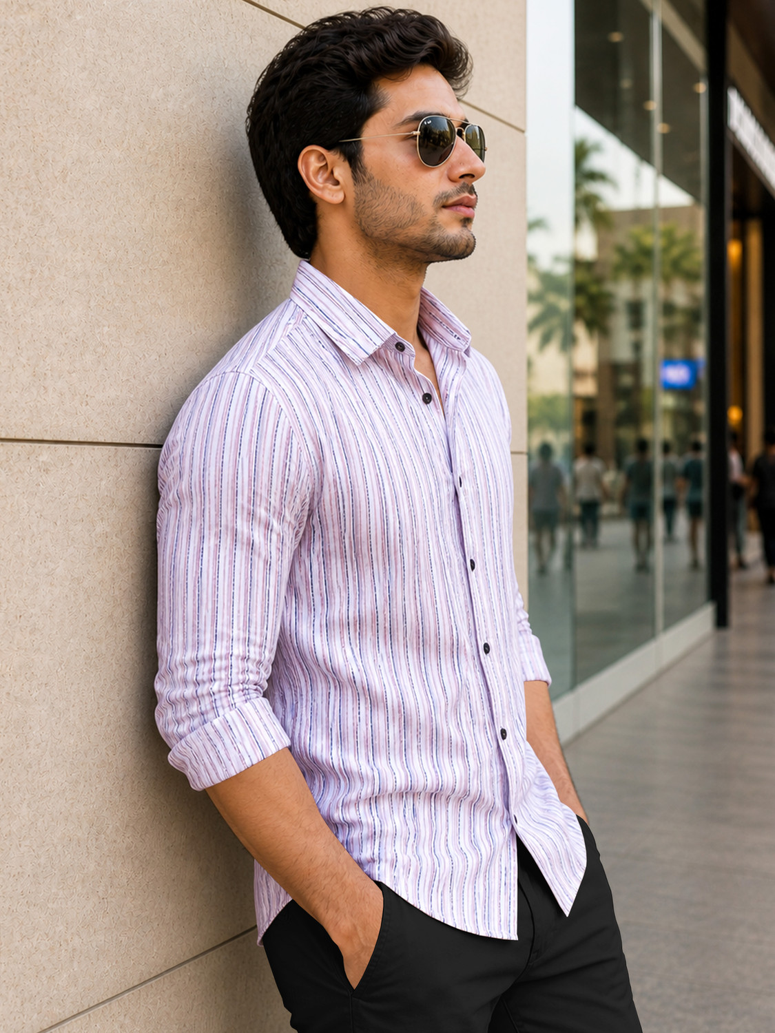 Image of VeBNoR Men Striped Casual Pink Shirt