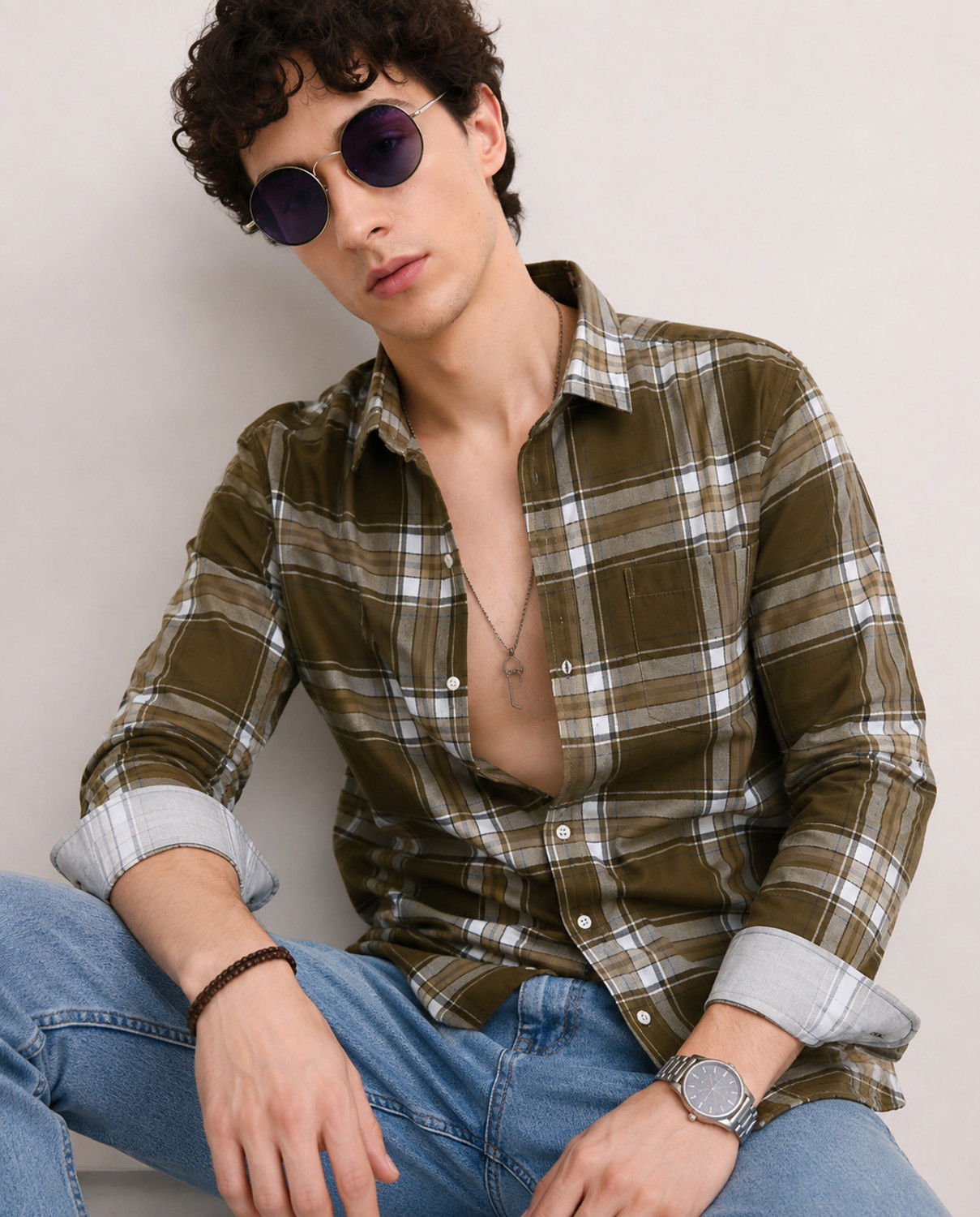 Image of Roadster Men Checkered Casual Green, White, Brown Shirt