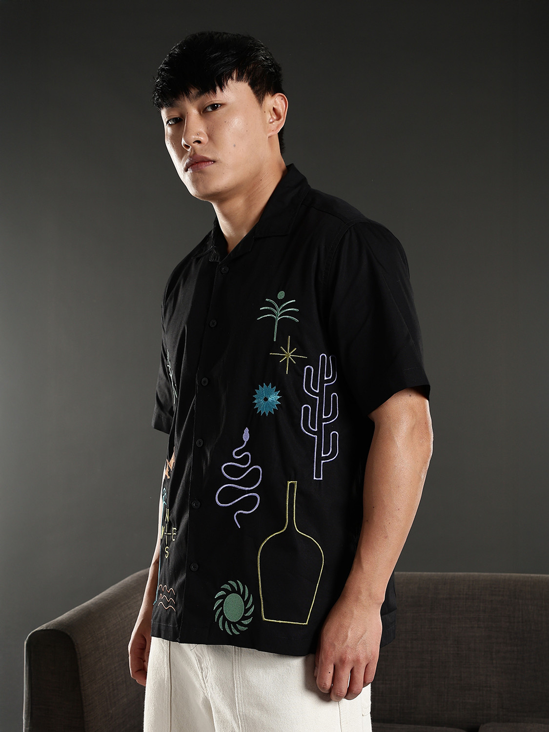Image of Eszett Men Self Design Casual Black Shirt