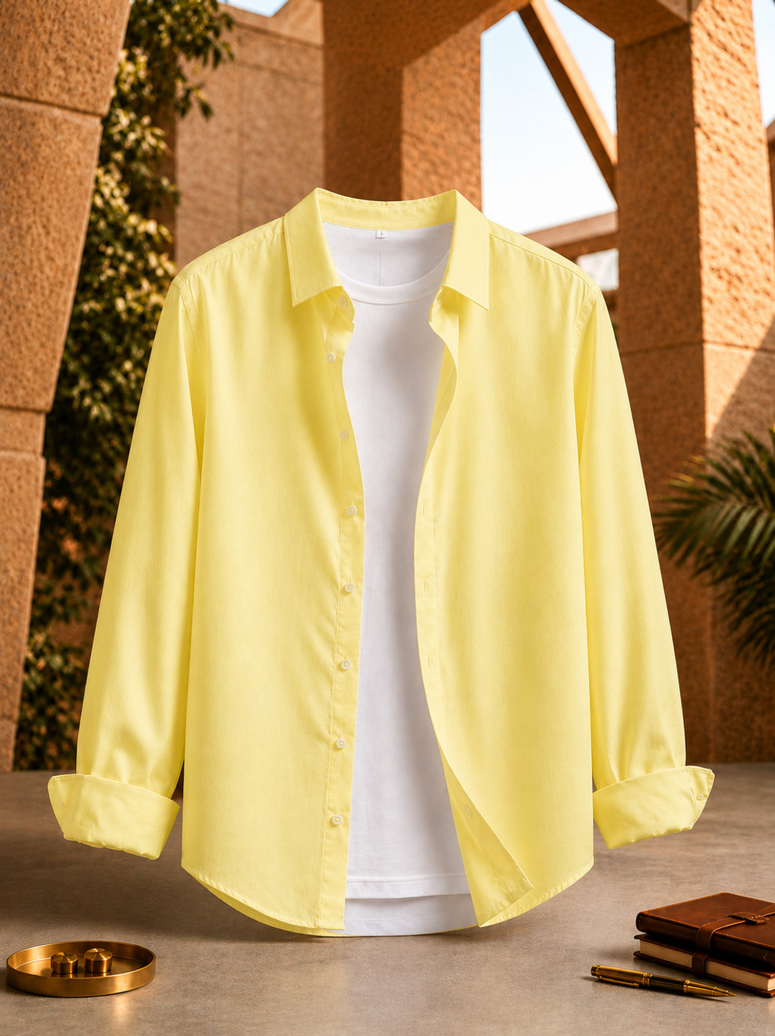 Image of TorontoCN Men Solid Casual Yellow Shirt