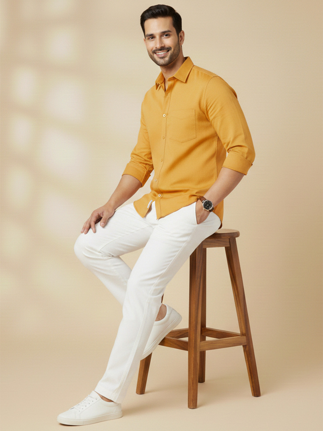 Image of METRONAUT Men Solid Casual Yellow Shirt