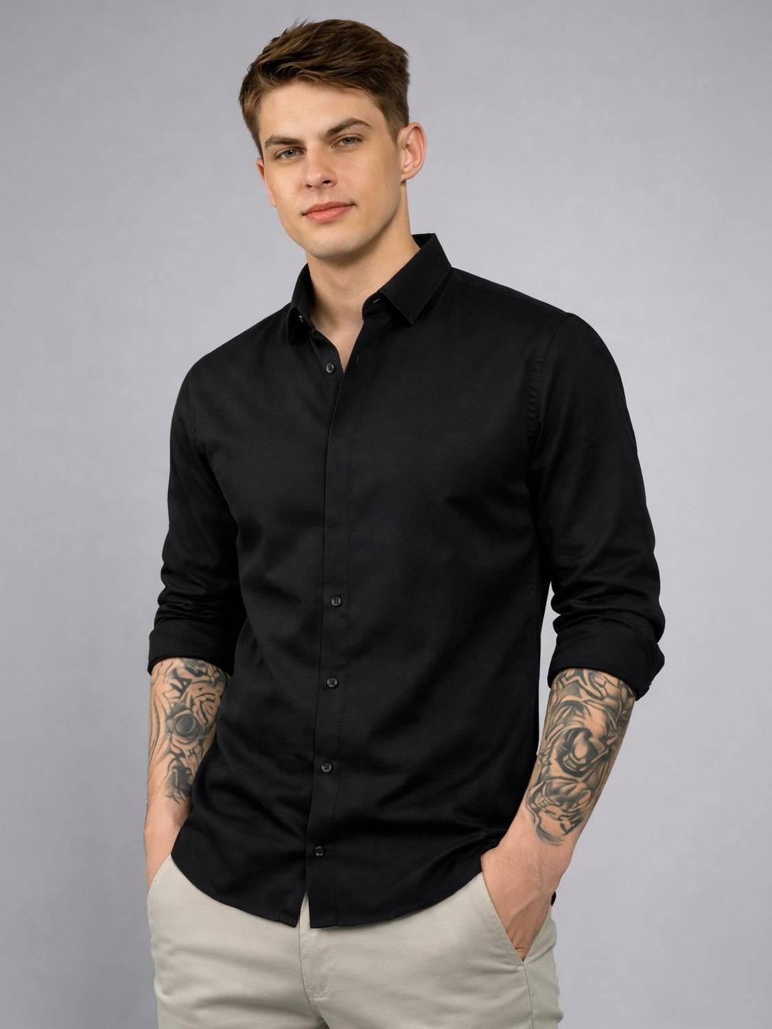 BROCON Men Solid Casual Black Shirt